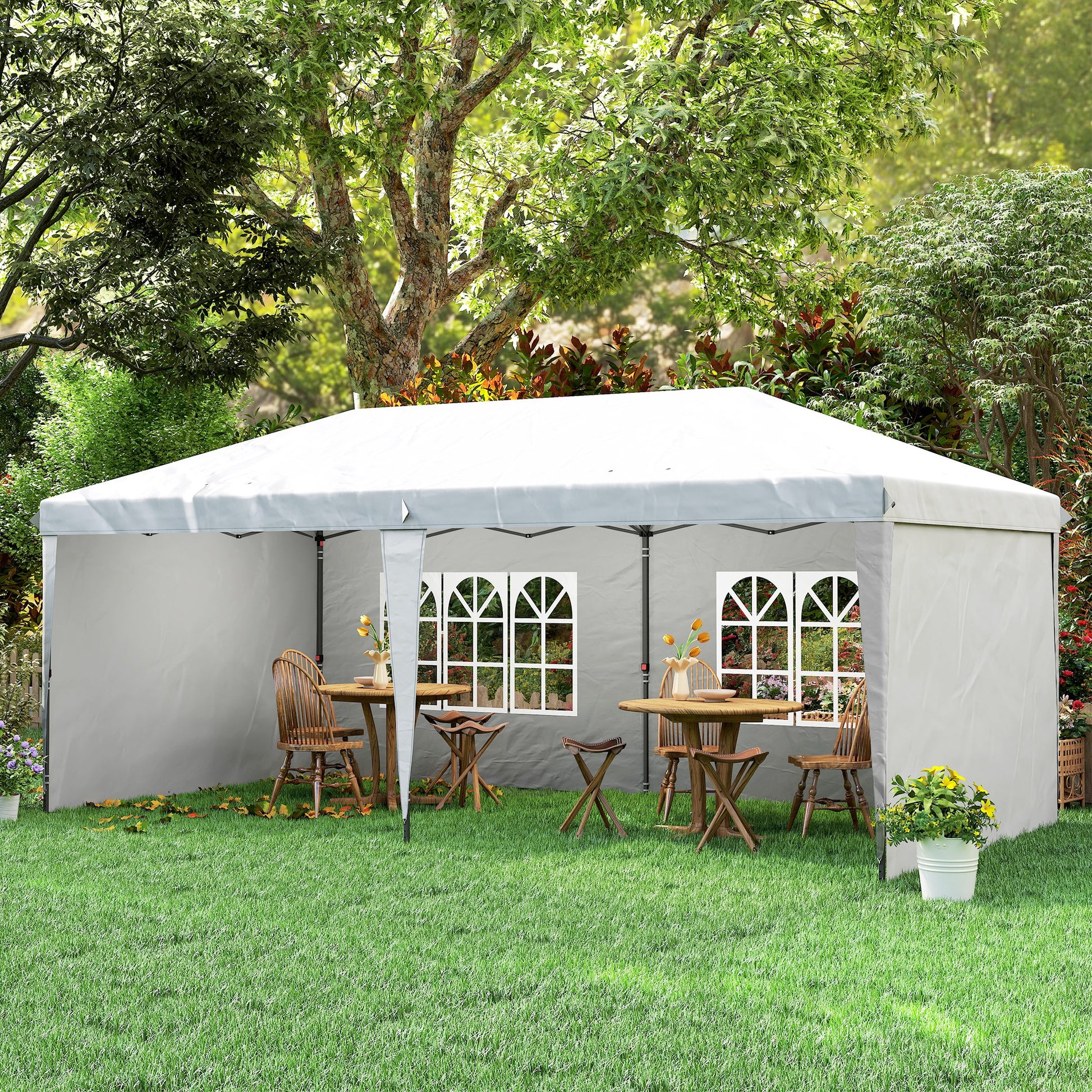 Outsunny Carpa Plegable 6x3 m, Pop-up, con 4 Laterales Desmontables, Cenador de Jardín con 2 Ventanas Visibles, Bolsa de Transporte, Impermeable, Anti-UV, Gazebo para Camping, Fiestas, Exterior Blanco