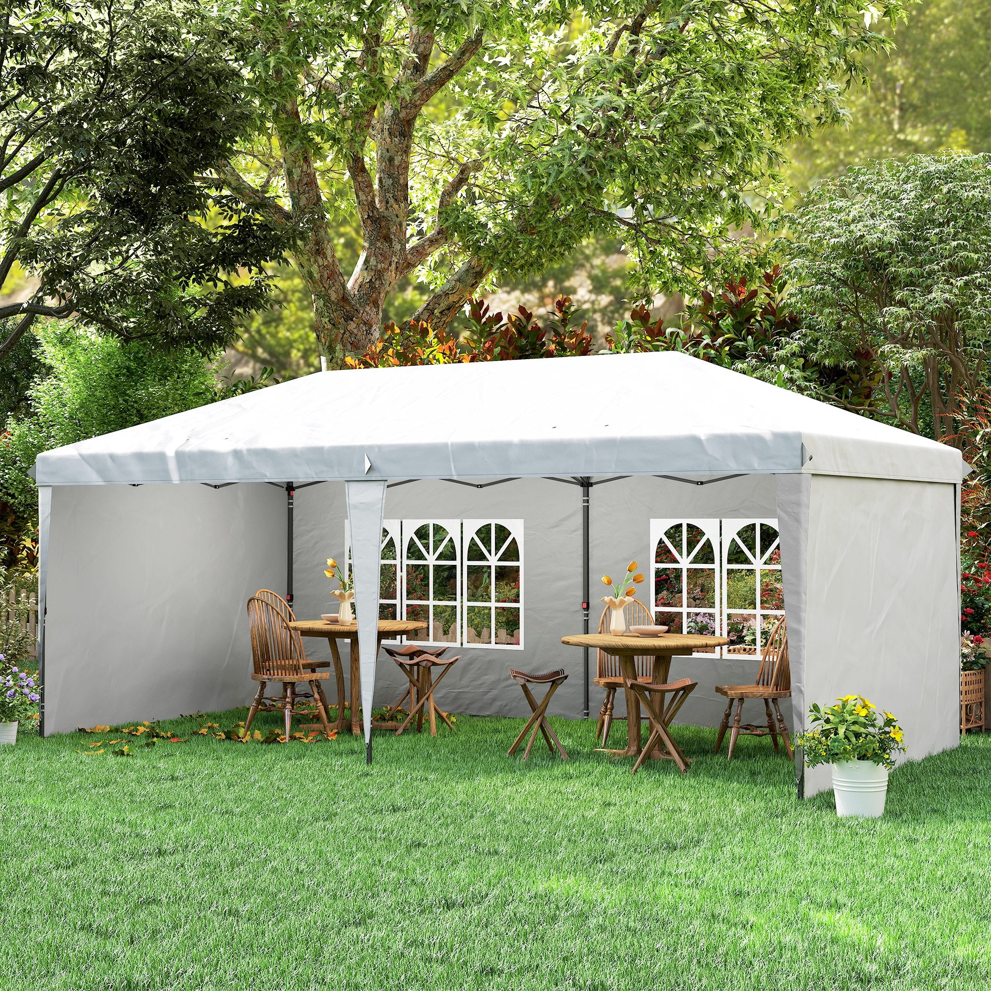 Outsunny Carpa Plegable 6x3 m, Pop-up, con 4 Laterales Desmontables, Cenador de Jardín con 2 Ventanas Visibles, Bolsa de Transporte, Impermeable, Anti-UV, Gazebo para Camping, Fiestas, Exterior Blanco