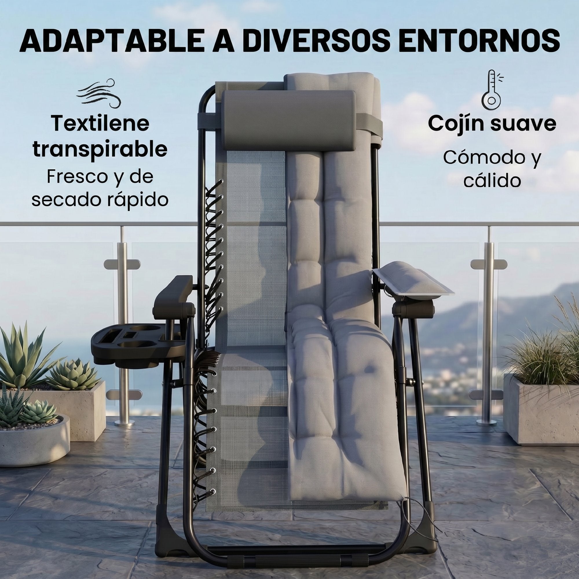 Outsunny Silla de Gravedad Cero, Tumbona Plegable de Jardín Exterior, Tumbona Reclinable Ajustable con Reposabrazos, Reposacabezas, Cojín, Portavasos y Almohada, para Patio, Playa, Terraza, Gris Claro