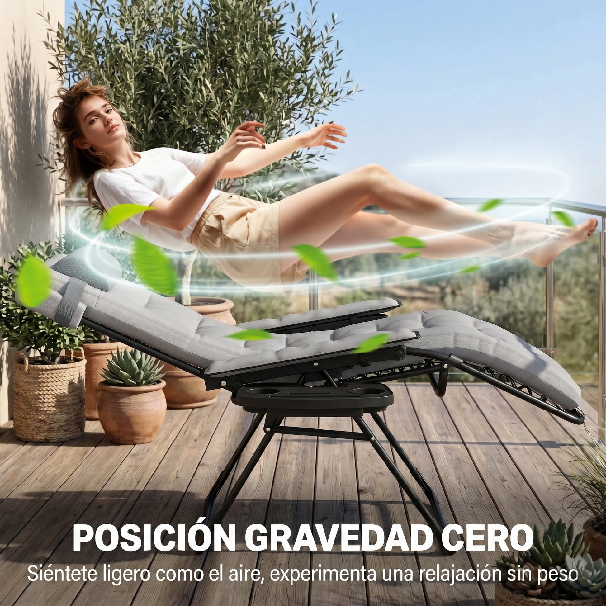Outsunny Silla de Gravedad Cero, Tumbona Plegable de Jardín Exterior, Tumbona Reclinable Ajustable con Reposabrazos, Reposacabezas, Cojín, Portavasos y Almohada, para Patio, Playa, Terraza, Gris Claro