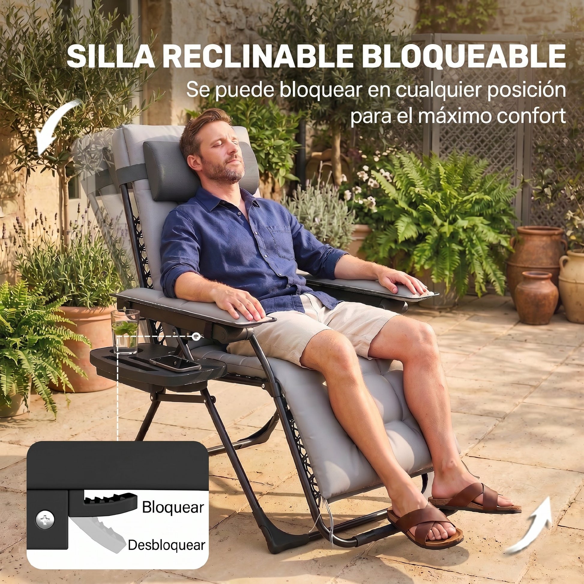 Outsunny Silla de Gravedad Cero, Tumbona Plegable de Jardín Exterior, Tumbona Reclinable Ajustable con Reposabrazos, Reposacabezas, Cojín, Portavasos y Almohada, para Patio, Playa, Terraza, Gris Claro