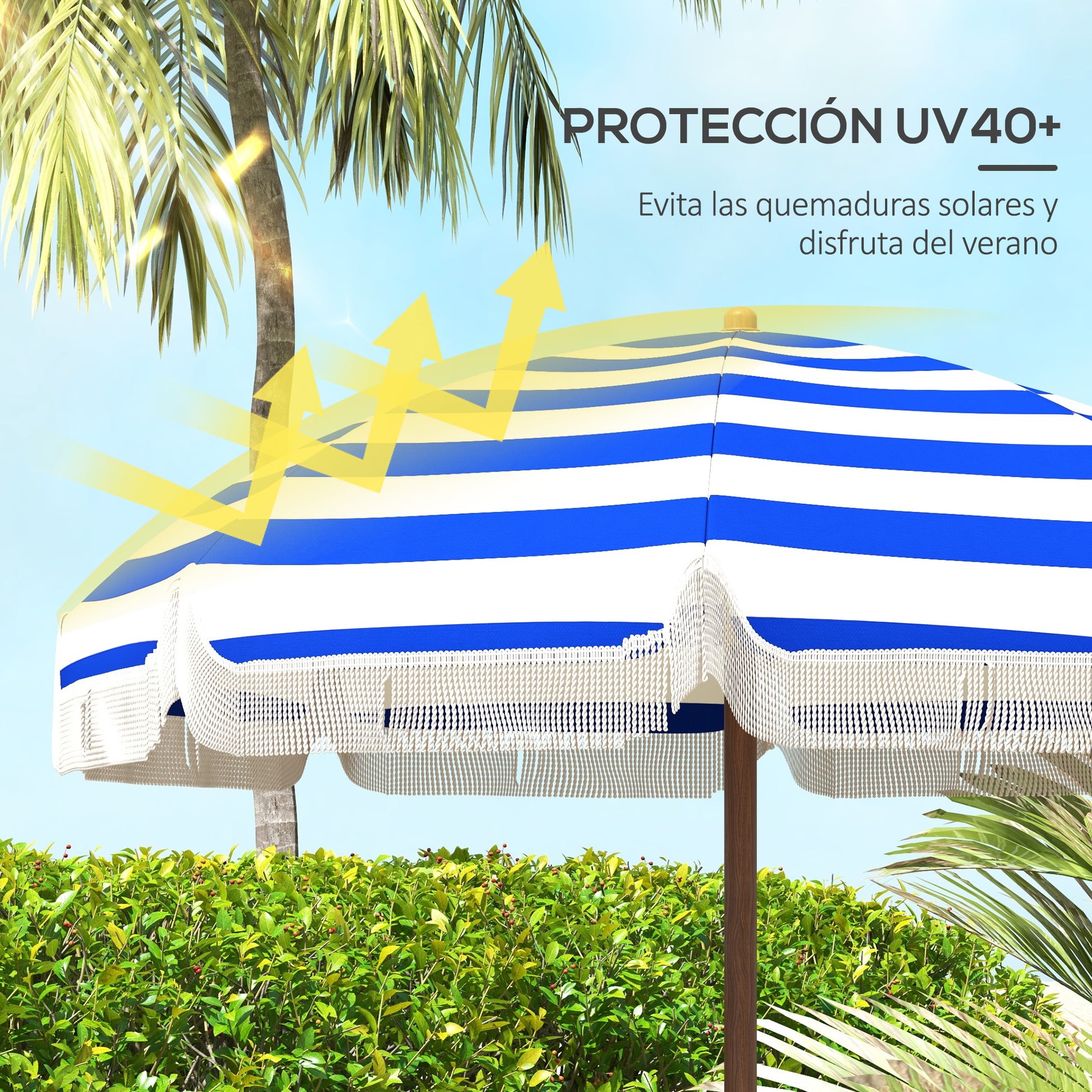 Outsunny Sombrilla de Playa Grande con Flecos Ø190 cm Sombrilla de Terraza Exterior con Protección UV40+ Antiviento Impermeable Mástil de Ø32 mm y Bolsa de Transporte Azul y Blanco