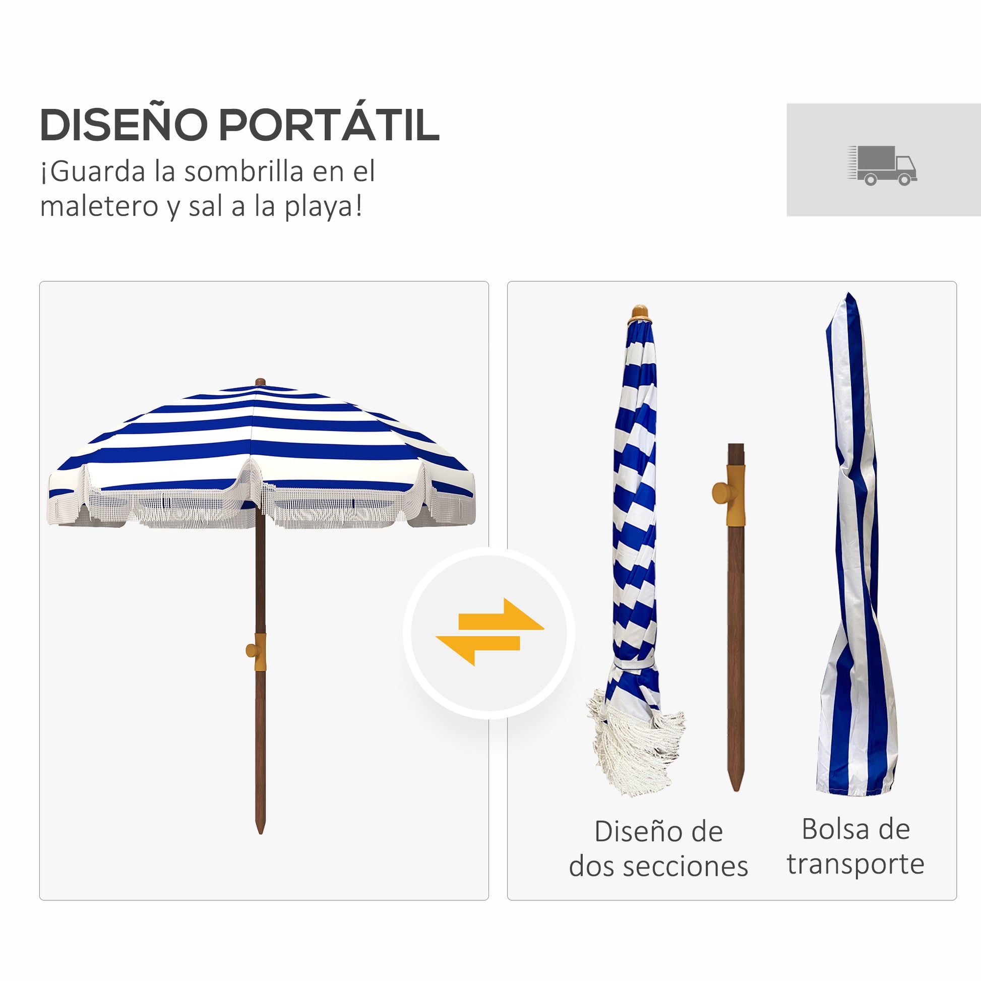 Outsunny Sombrilla de Playa Grande con Flecos Ø190 cm Sombrilla de Terraza Exterior con Protección UV40+ Antiviento Impermeable Mástil de Ø32 mm y Bolsa de Transporte Azul y Blanco