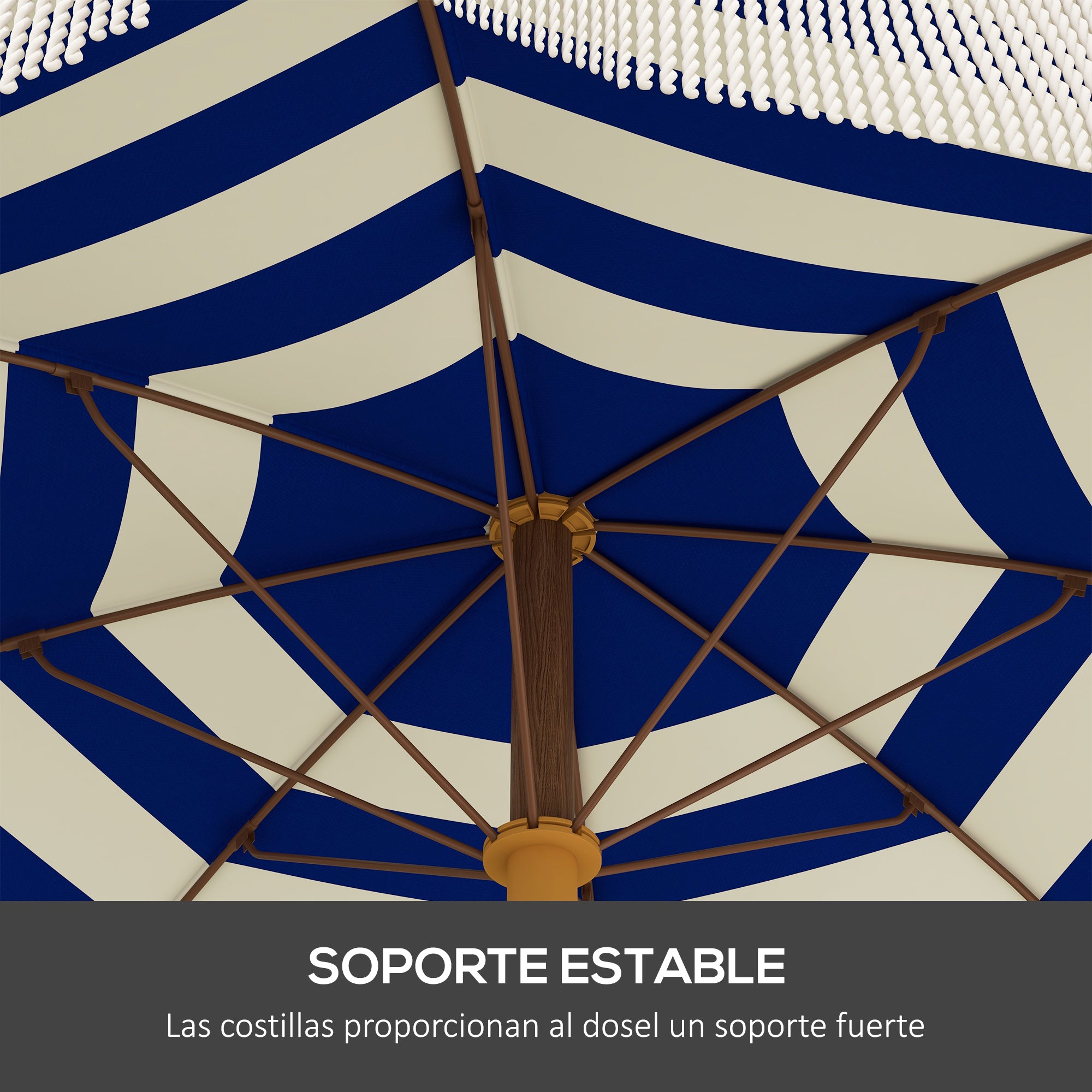 Outsunny Sombrilla de Playa Grande con Flecos Ø190 cm Sombrilla de Terraza Exterior con Protección UV40+ Antiviento Impermeable Mástil de Ø32 mm y Bolsa de Transporte Azul y Blanco