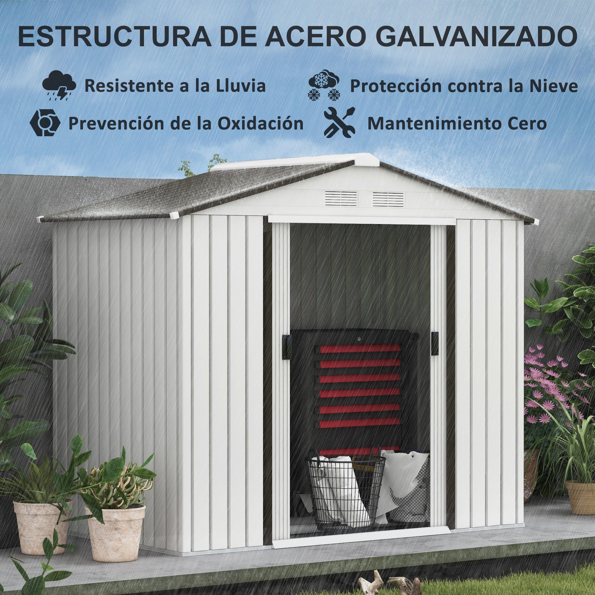 Outsunny Cobertizo de Jardín 2,5m² con Base de Refuerzo Sin Suelo 213x130x185 cm Caseta de Jardín Exterior con 2 Puertas Correderas y 4 Ventanas para Almacenamiento de Herramientas Blanco