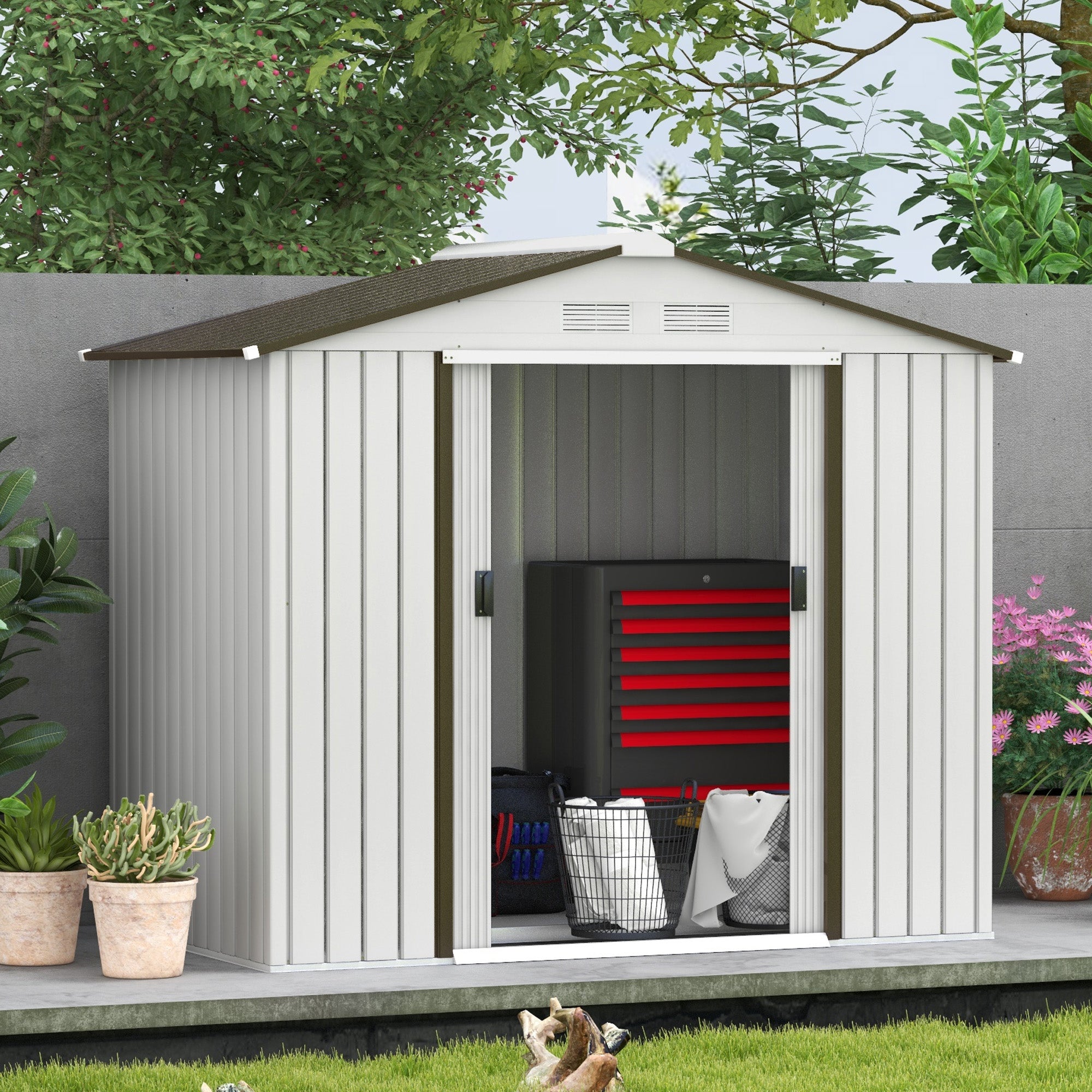 Outsunny Cobertizo de Jardín 2,5m² con Base de Refuerzo Sin Suelo 213x130x185 cm Caseta de Jardín Exterior con 2 Puertas Correderas y 4 Ventanas para Almacenamiento de Herramientas Blanco