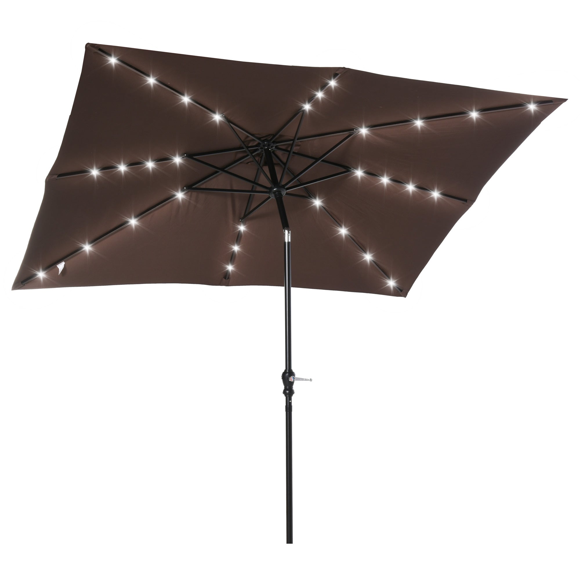 Outsunny Sombrilla Terraza Exterior con Luces LED 268x205x248 cm Sombrilla de Jardín con Techo Inclinable hasta 45° Solares Poste de Acero y Manivela Parasol para Patio Terraza Marrón