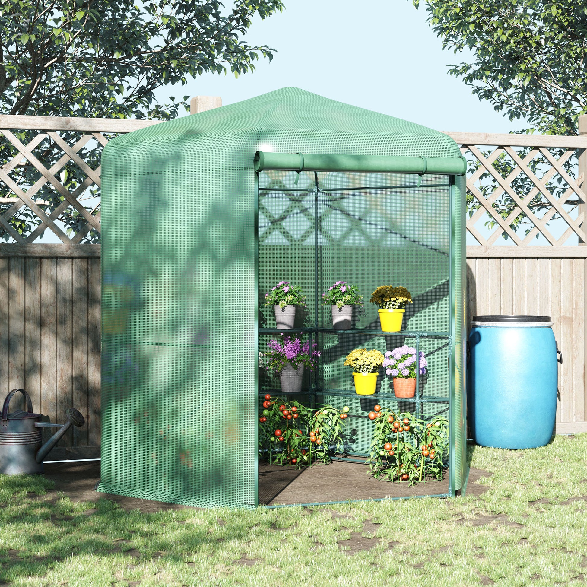 Outsunny Invernadero de Jardín Hexágono 194x194x215 cm Vivero Casero con 6 Estantes Puerta Enrollable y Marco de Acero Galvanizado para Cultivos Plantas Macetas Flores Verde