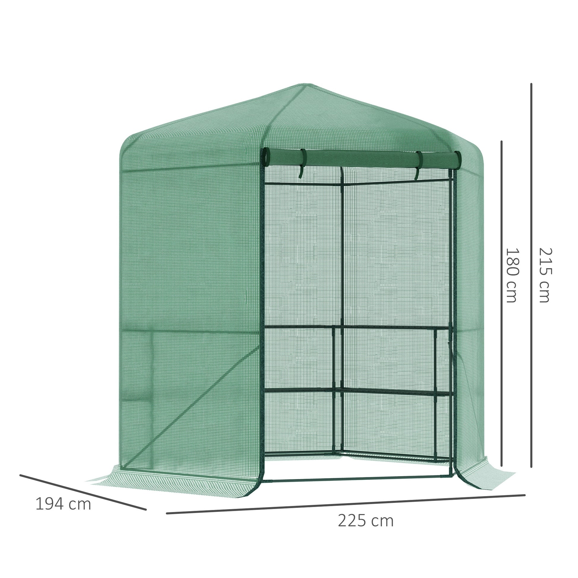 Outsunny Invernadero de Jardín Hexágono 194x194x215 cm Vivero Casero con 6 Estantes Puerta Enrollable y Marco de Acero Galvanizado para Cultivos Plantas Macetas Flores Verde