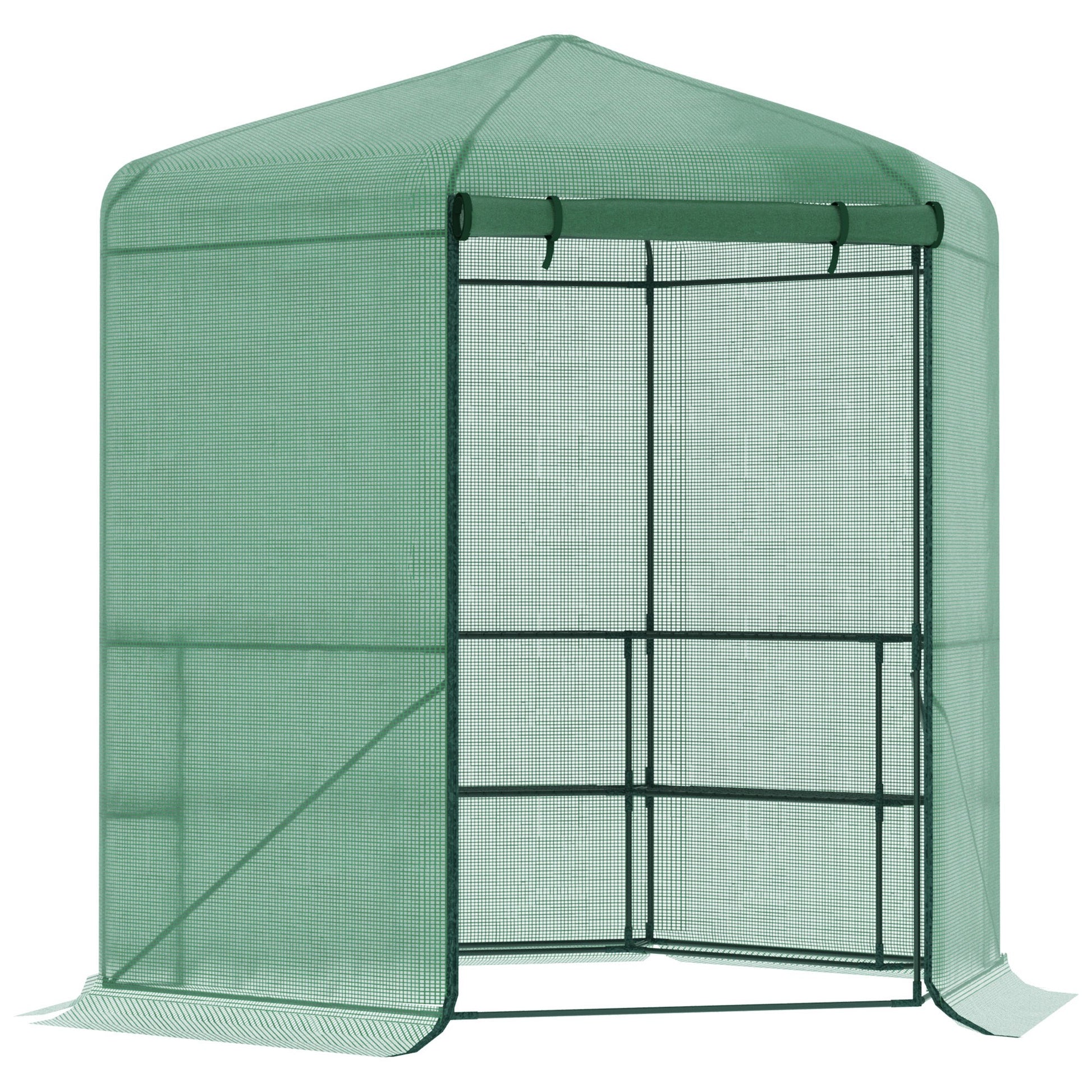 Outsunny Invernadero de Jardín Hexágono 194x194x215 cm Vivero Casero con 6 Estantes Puerta Enrollable y Marco de Acero Galvanizado para Cultivos Plantas Macetas Flores Verde