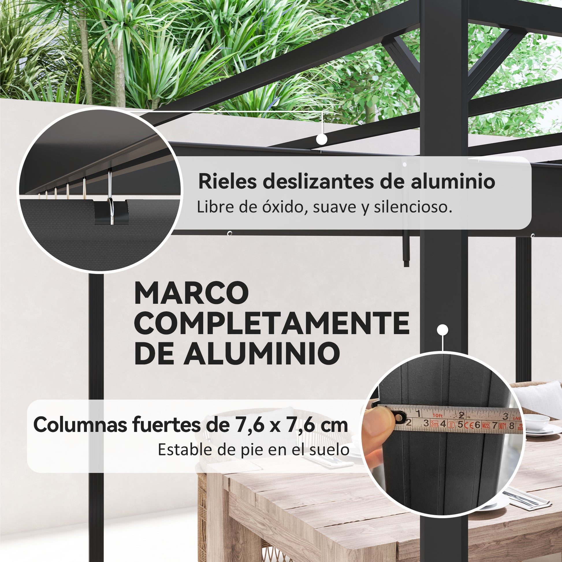 Outsunny Pérgola de Jardín 3x3 m con Techo Retráctil y Pared Lateral Enrollable, Cenador de Jardín con Estructura de Aluminio, UPF30+, Pabellón para Exterior, Patio, Terraza, Gris Oscuro