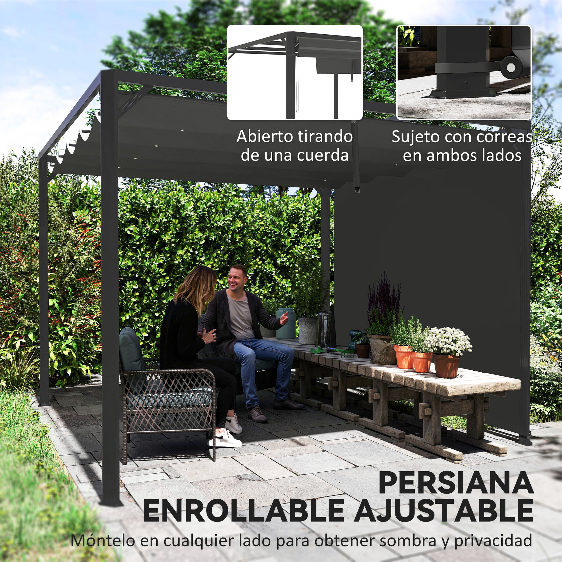 Outsunny Pérgola de Jardín 3x3 m con Techo Retráctil y Pared Lateral Enrollable, Cenador de Jardín con Estructura de Aluminio, UPF30+, Pabellón para Exterior, Patio, Terraza, Gris Oscuro