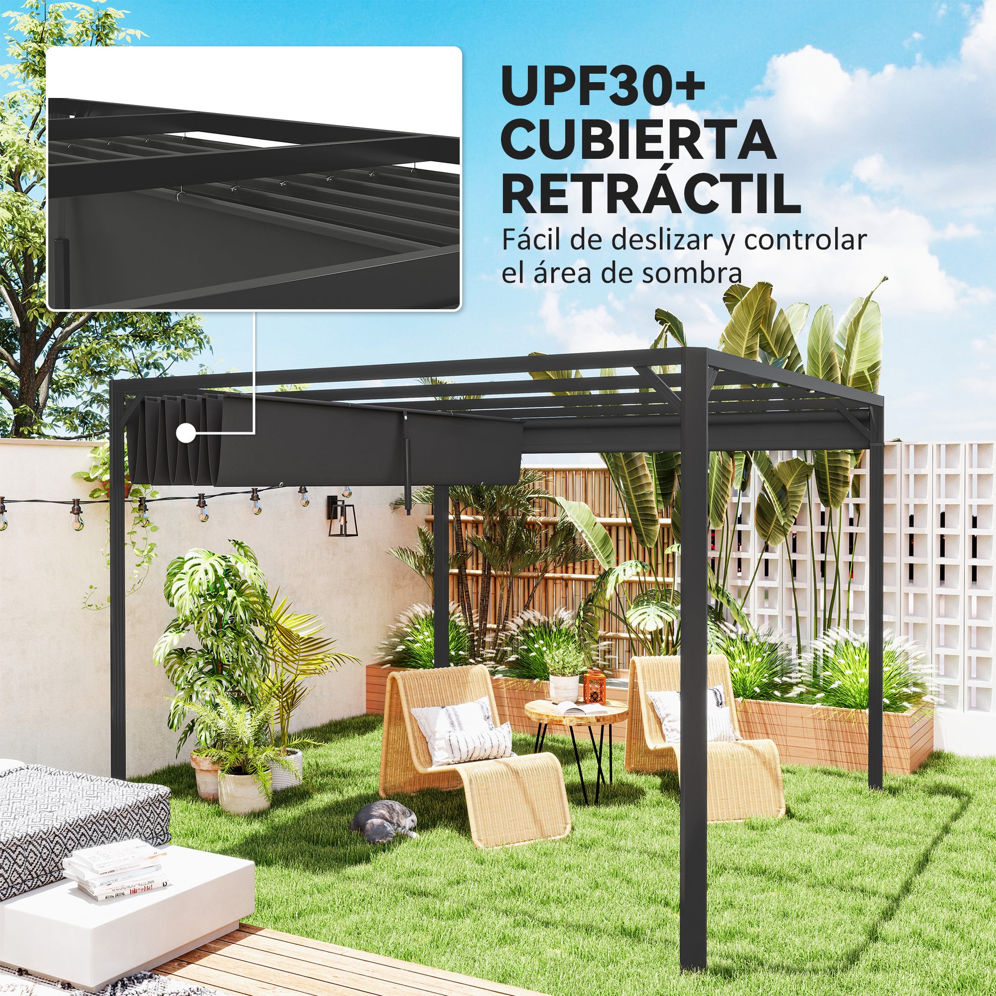 Outsunny Pérgola de Jardín 3x3 m con Techo Retráctil y Pared Lateral Enrollable, Cenador de Jardín con Estructura de Aluminio, UPF30+, Pabellón para Exterior, Patio, Terraza, Gris Oscuro