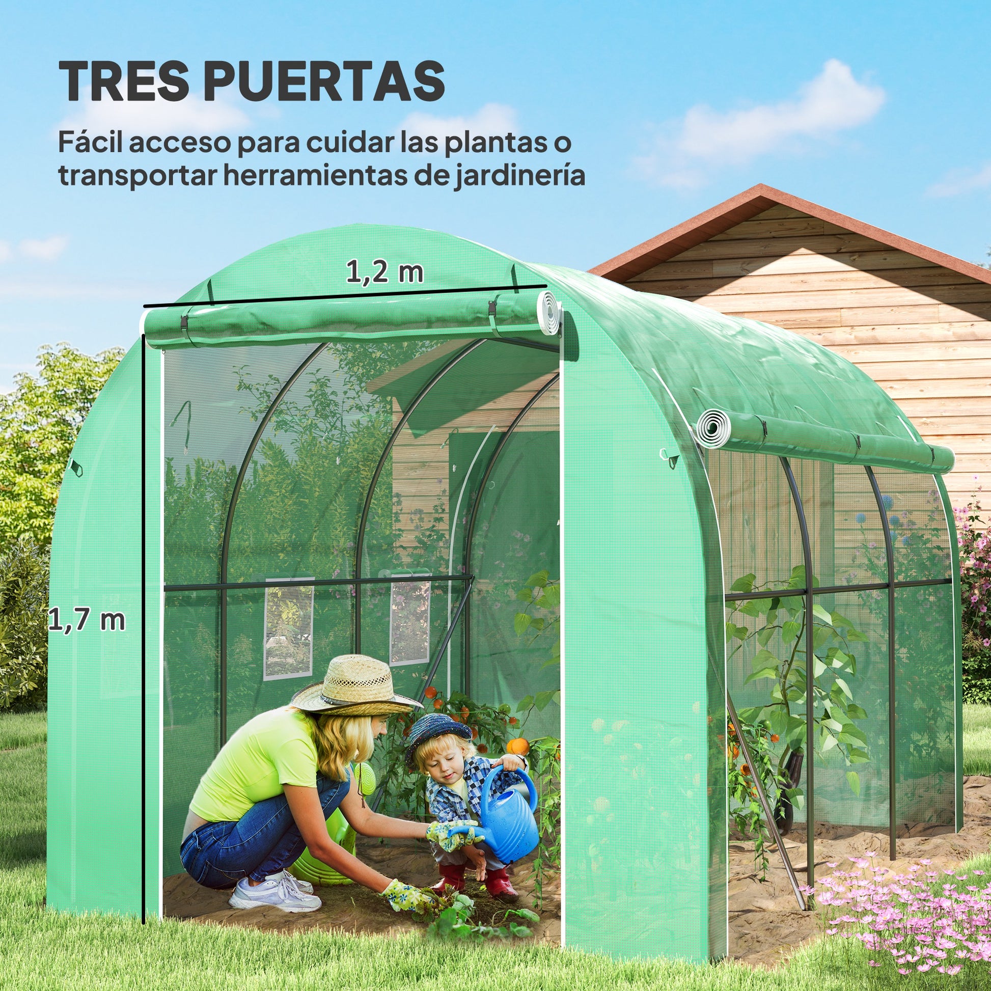 Outsunny Invernadero de Túnel 296x196x200 cm Invernadero de Jardín con 3 Puertas Enrollables 6 Ventanas Cubierta PE 140g/m² Estructura de Acero Galvanizado para Cultivos Plantas Flores Verde