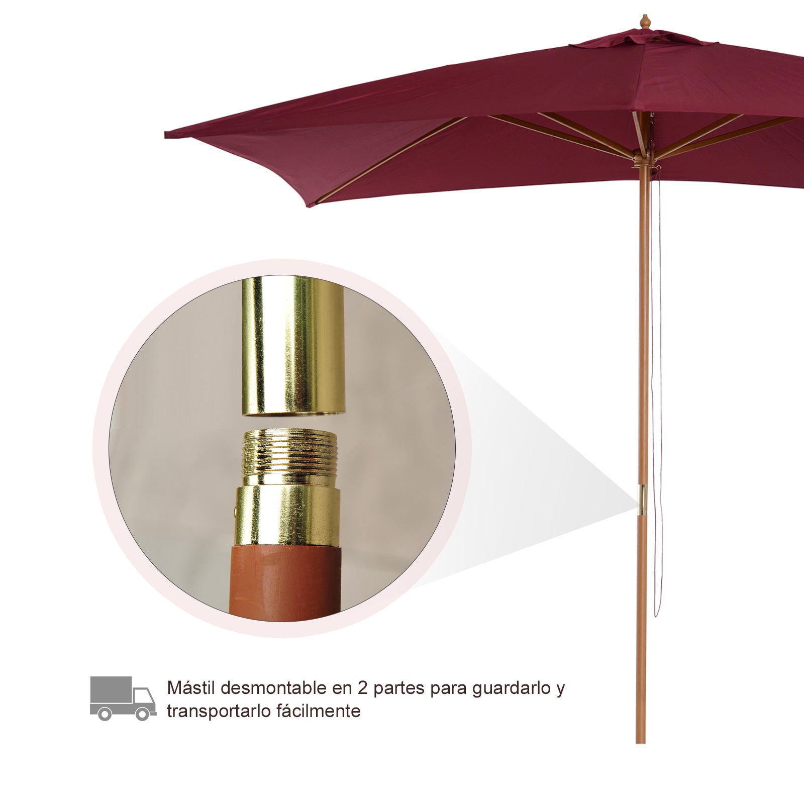 Outsunny Sombrilla Terraza Exterior 295x200 cm con Mástil de Madera Varillas de Bambú y Polea Parasol de Jardín Rectangular Impermeable para Patio o Terraza Estilo Clásico Rojo Vino