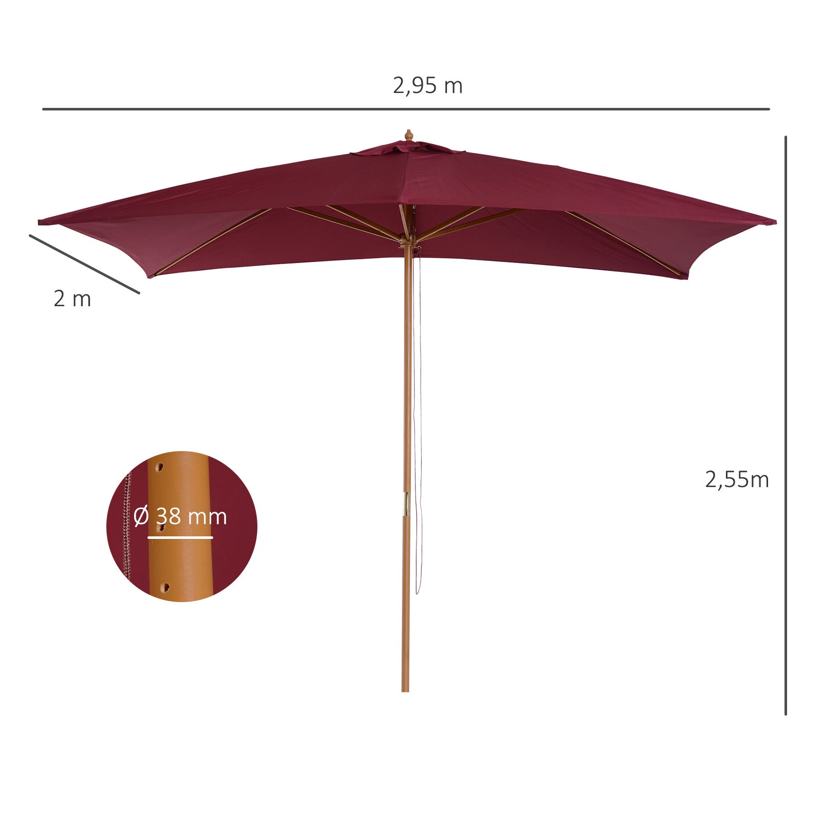 Outsunny Sombrilla Terraza Exterior 295x200 cm con Mástil de Madera Varillas de Bambú y Polea Parasol de Jardín Rectangular Impermeable para Patio o Terraza Estilo Clásico Rojo Vino