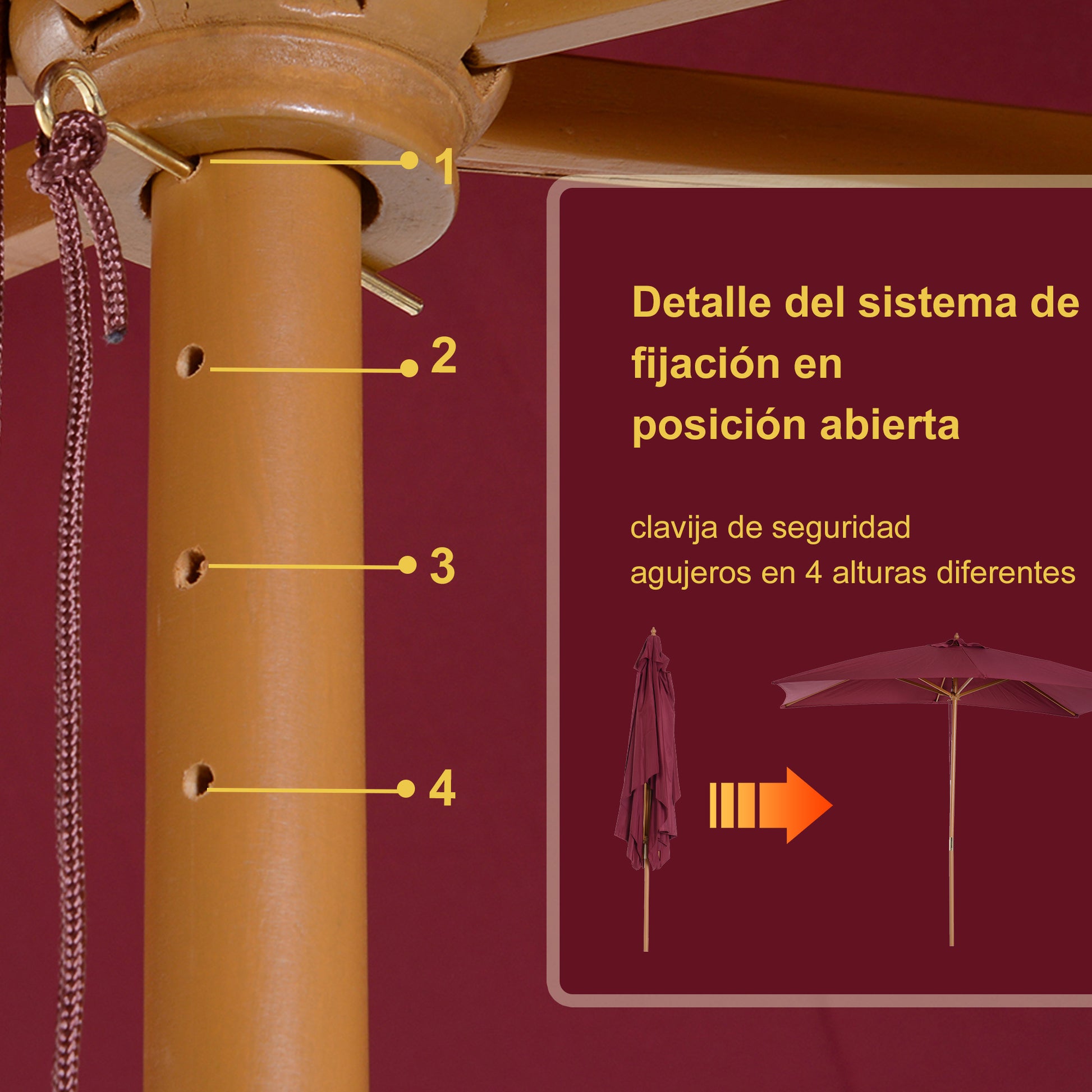 Outsunny Sombrilla Terraza Exterior 295x200 cm con Mástil de Madera Varillas de Bambú y Polea Parasol de Jardín Rectangular Impermeable para Patio o Terraza Estilo Clásico Rojo Vino