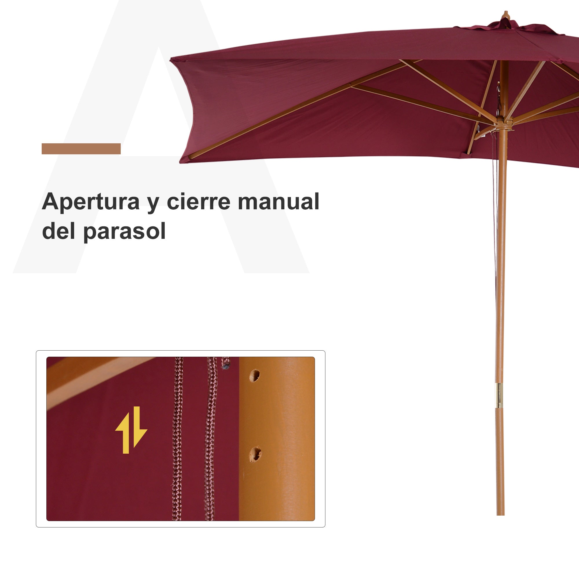 Outsunny Sombrilla Terraza Exterior 295x200 cm con Mástil de Madera Varillas de Bambú y Polea Parasol de Jardín Rectangular Impermeable para Patio o Terraza Estilo Clásico Rojo Vino