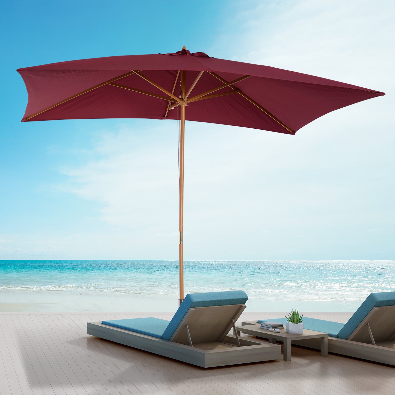 Outsunny Sombrilla Terraza Exterior 295x200 cm con Mástil de Madera Varillas de Bambú y Polea Parasol de Jardín Rectangular Impermeable para Patio o Terraza Estilo Clásico Rojo Vino