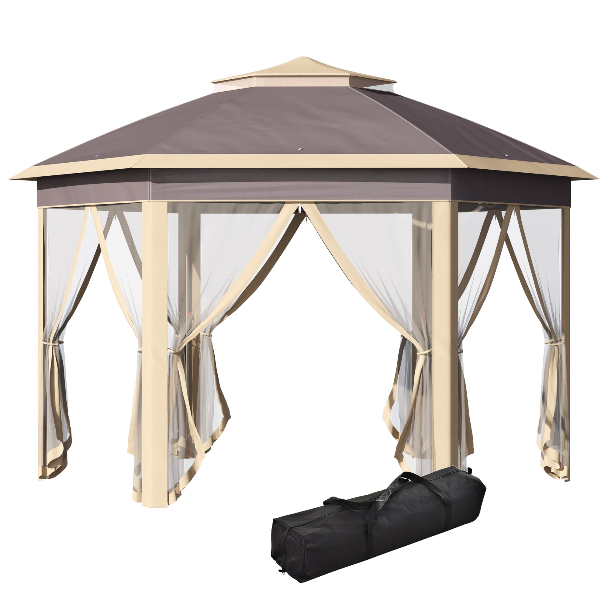 Outsunny Carpa Plegable 4x3,4x2,85 m Altura Ajustable Cenador de Jardín Hexagonal con Doble Techo Mosquiteras Extraíbles y Bolsa de Transporte Impermeable Gazebo para Exterior Fiestas Beige