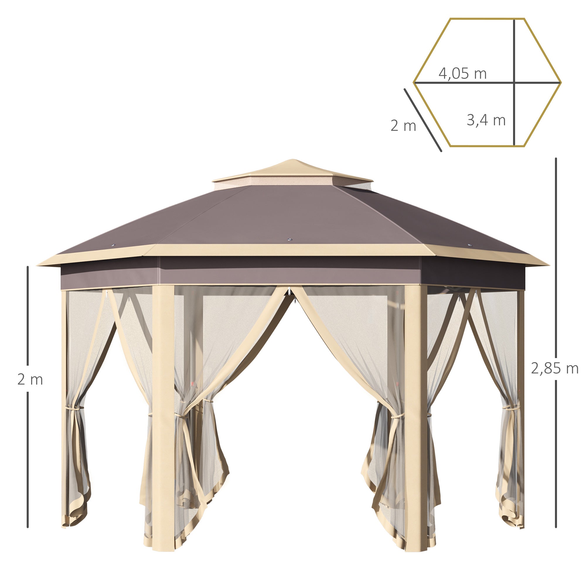 Outsunny Carpa Plegable 4x3,4x2,85 m Altura Ajustable Cenador de Jardín Hexagonal con Doble Techo Mosquiteras Extraíbles y Bolsa de Transporte Impermeable Gazebo para Exterior Fiestas Beige