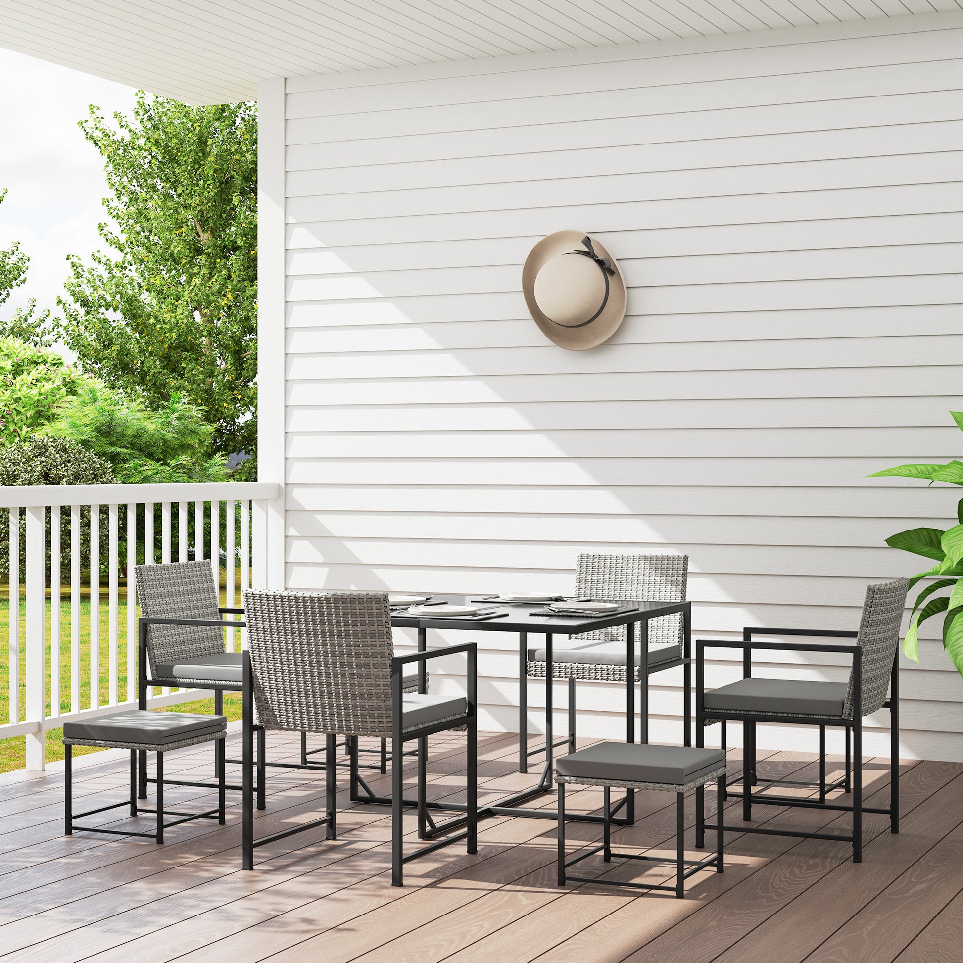 Outsunny Conjunto de Muebles de Jardín Exterior de Ratán de 9 Piezas Conjunto de Jardin Exterior de Ratán Sintético con Mesa con Vidrio Templado 4 Sillas 4 Taburetes Impermeables Cojines Gris