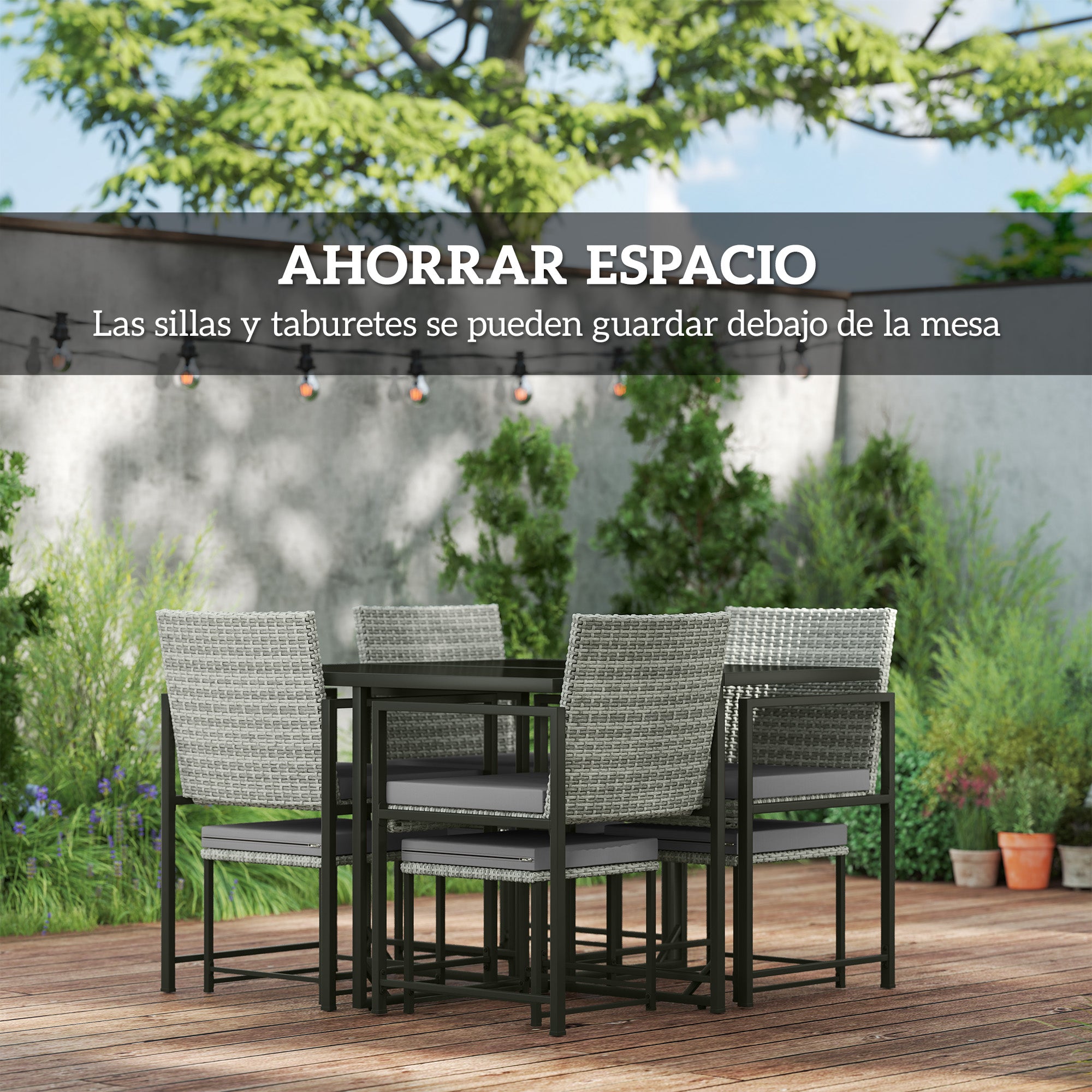 Outsunny Conjunto de Muebles de Jardín Exterior de Ratán de 9 Piezas Conjunto de Jardin Exterior de Ratán Sintético con Mesa con Vidrio Templado 4 Sillas 4 Taburetes Impermeables Cojines Gris