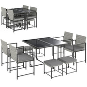 Outsunny Conjunto de Muebles de Jardín Exterior de Ratán de 9 Piezas Conjunto de Jardin Exterior de Ratán Sintético con Mesa con Vidrio Templado 4 Sillas 4 Taburetes Impermeables Cojines Gris