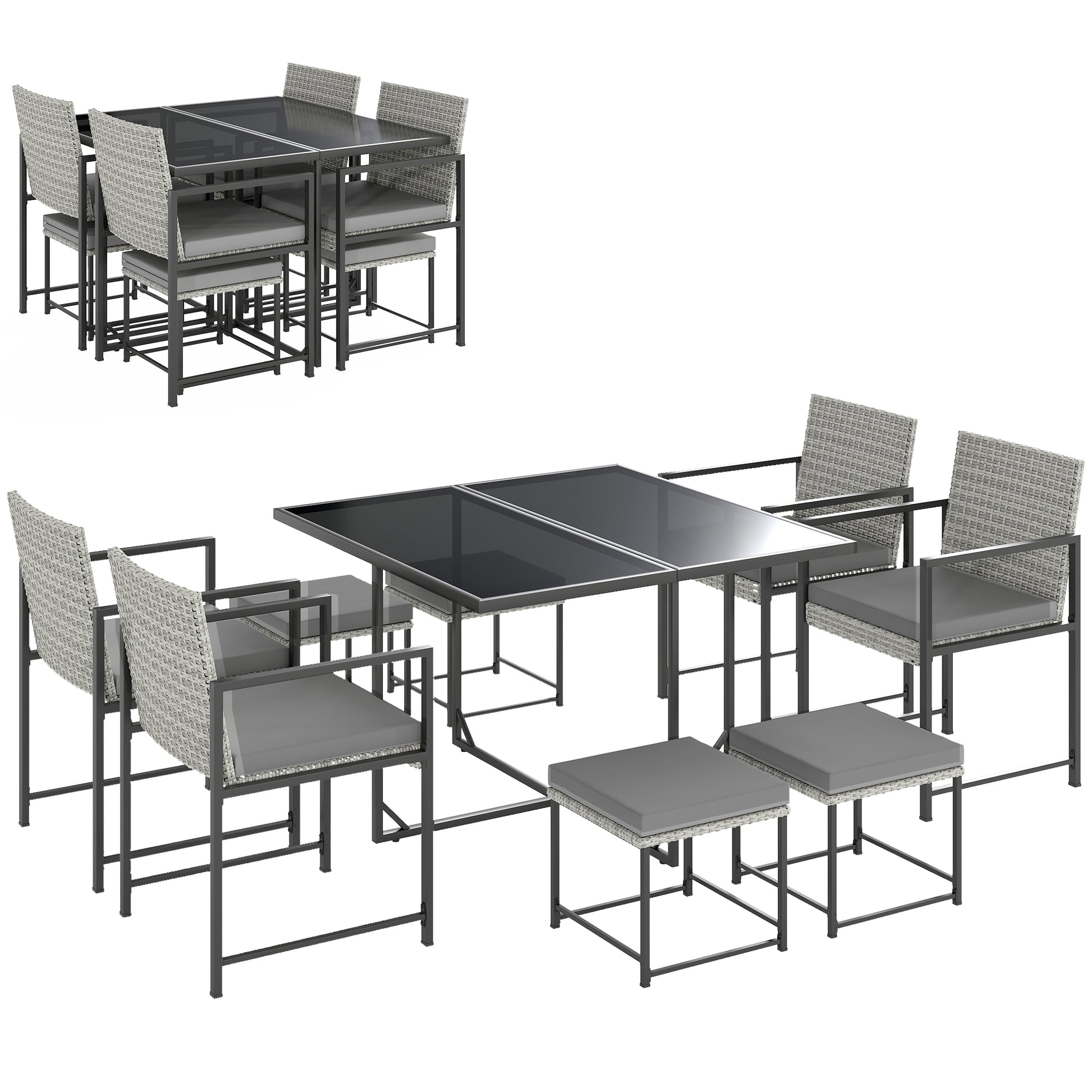 Outsunny Conjunto de Muebles de Jardín Exterior de Ratán de 9 Piezas Conjunto de Jardin Exterior de Ratán Sintético con Mesa con Vidrio Templado 4 Sillas 4 Taburetes Impermeables Cojines Gris