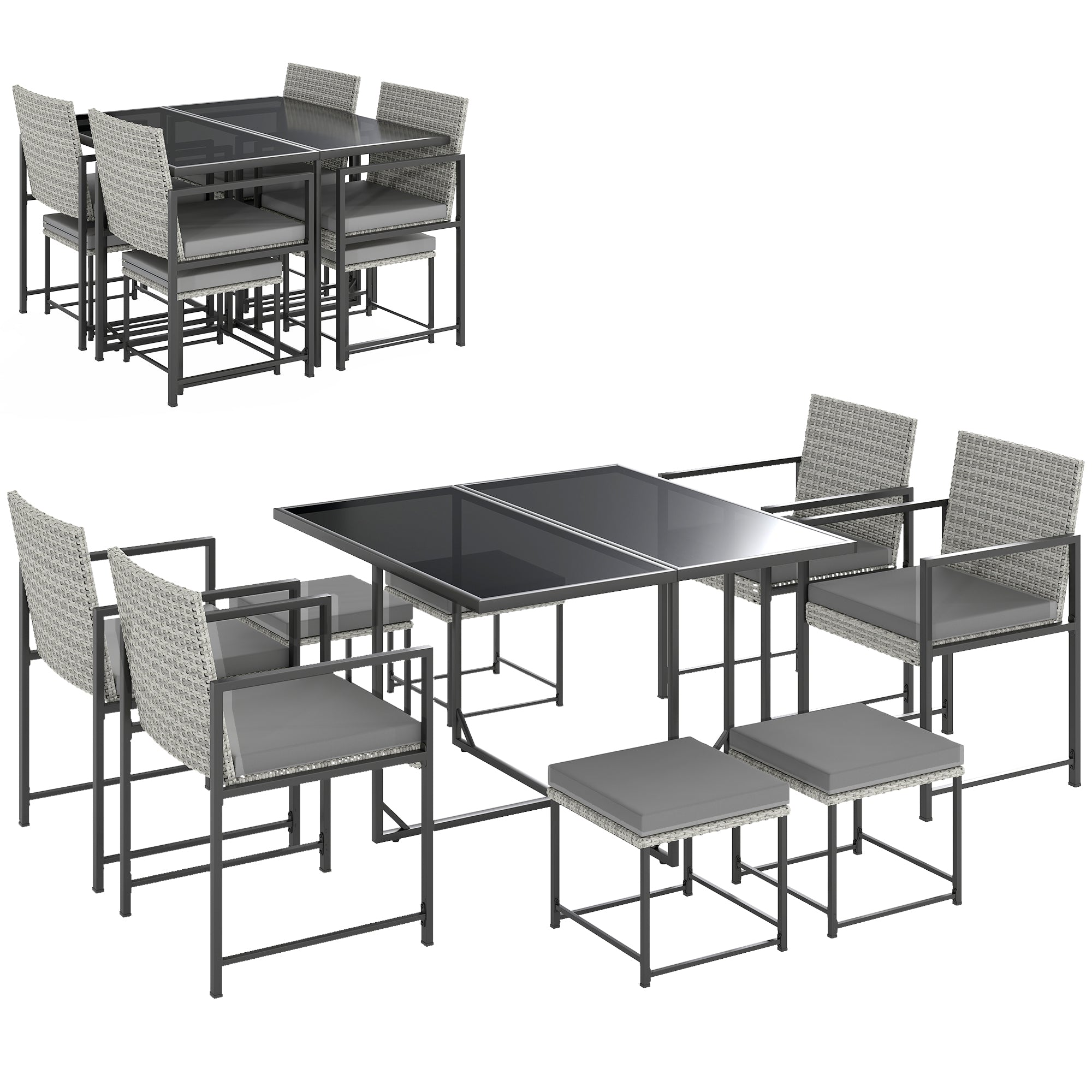 Outsunny Conjunto de Muebles de Jardín Exterior de Ratán de 9 Piezas Conjunto de Jardin Exterior de Ratán Sintético con Mesa con Vidrio Templado 4 Sillas 4 Taburetes Impermeables Cojines Gris