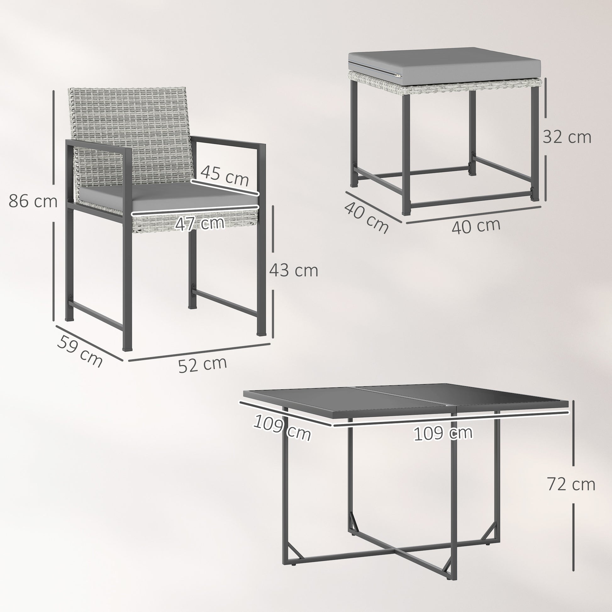 Outsunny Conjunto de Muebles de Jardín Exterior de Ratán de 9 Piezas Conjunto de Jardin Exterior de Ratán Sintético con Mesa con Vidrio Templado 4 Sillas 4 Taburetes Impermeables Cojines Gris
