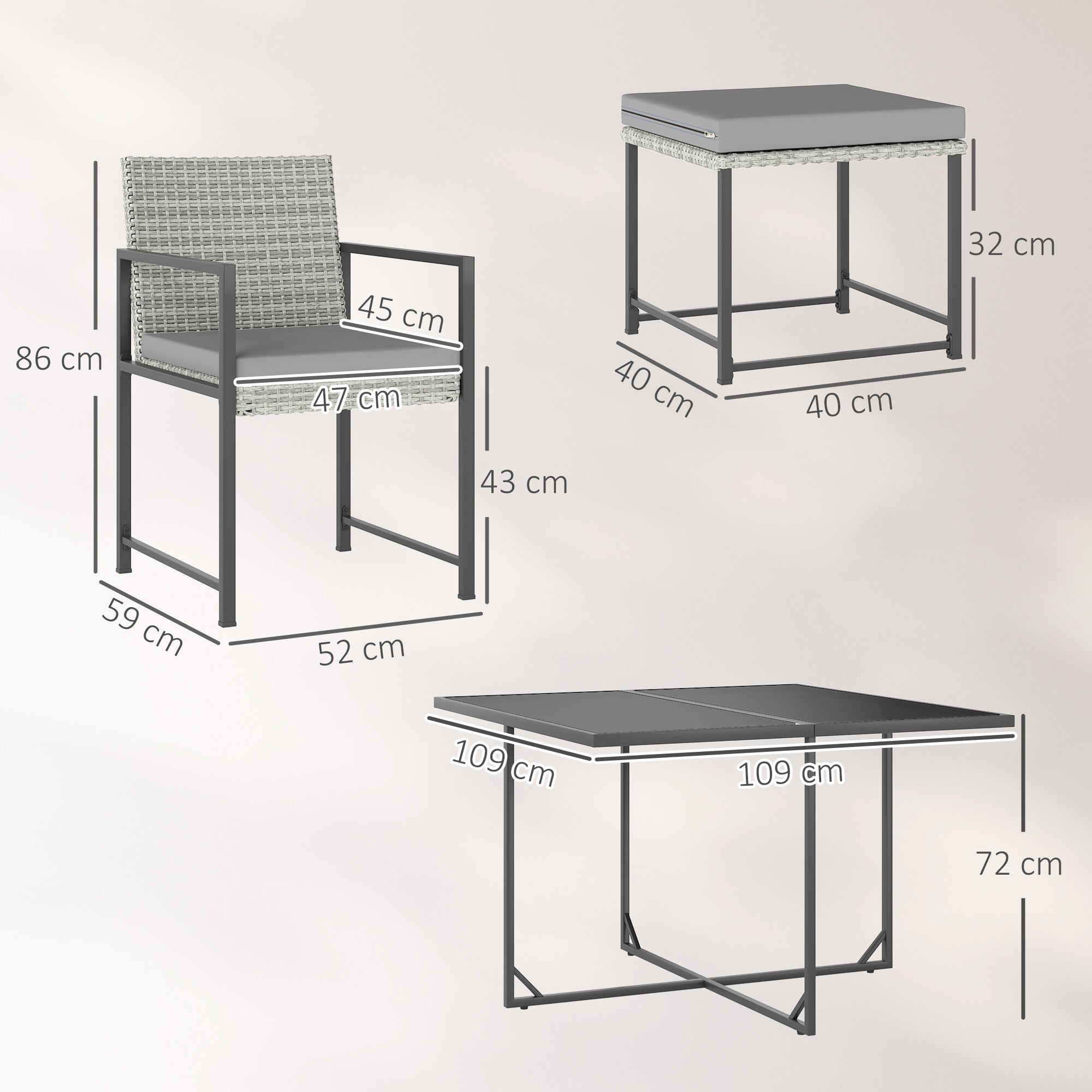 Outsunny Conjunto de Muebles de Jardín Exterior de Ratán de 9 Piezas Conjunto de Jardin Exterior de Ratán Sintético con Mesa con Vidrio Templado 4 Sillas 4 Taburetes Impermeables Cojines Gris