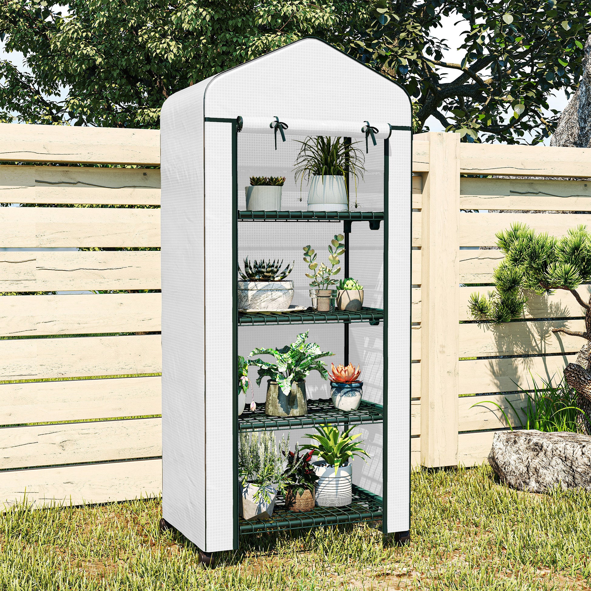 Outsunny Invernadero de Exterior con 4 Estantes y Ruedas, Invernadero Pequeño con Puerta Enrollable, Marco de Acero y Cubierta de PE 140g/㎡, Anti-UV para Plantas, Macetas, Flores, 70x50x165 cm, Blanco