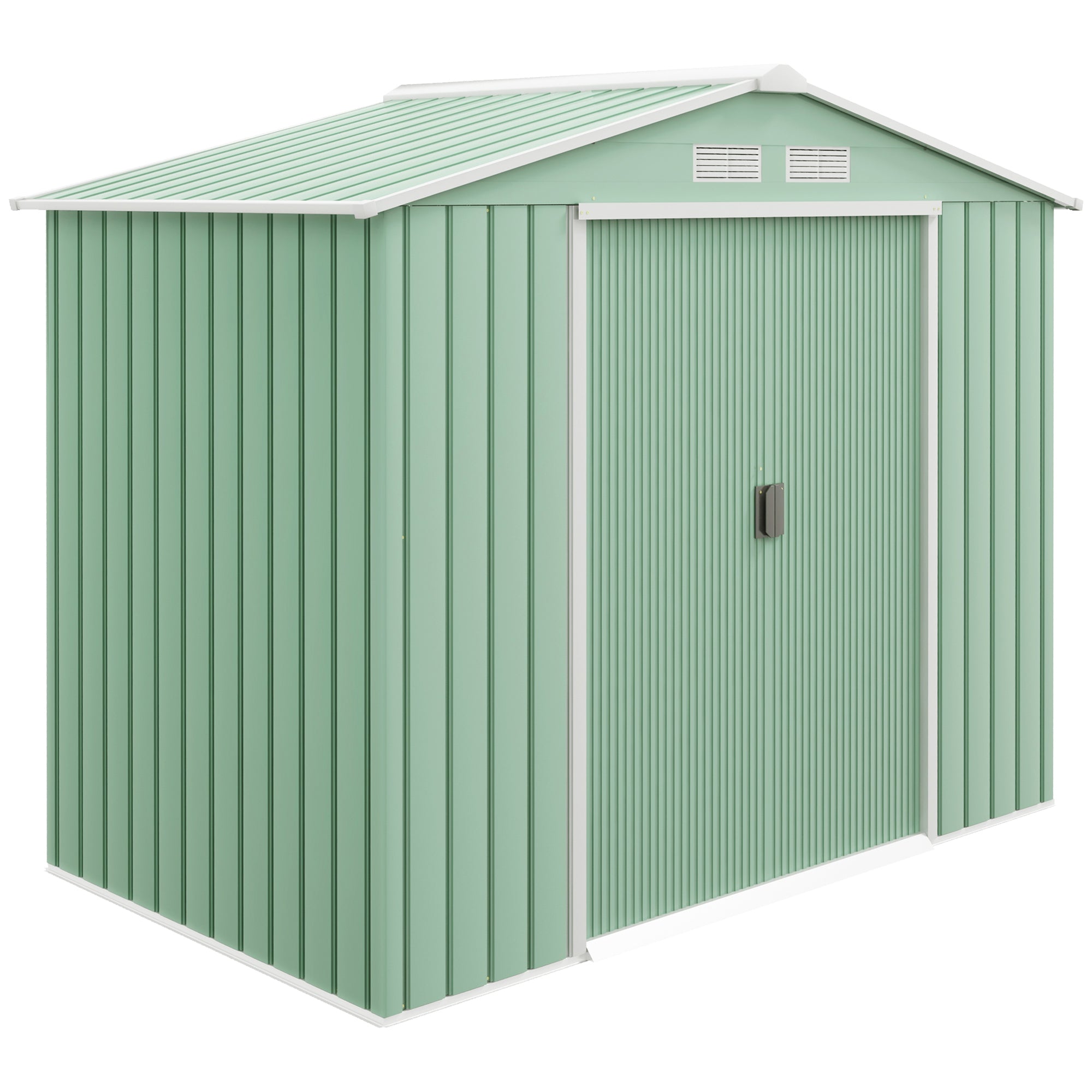 Outsunny Caseta de Jardín Exterior, 2,5 m² 213x130x185 cm, Cobertizo de Jardín Exterior Metálico con 2 Puertas Correderas, Base Refuerzo (Suelo NO Incluido) y 4 Ventanas, Verde Claro