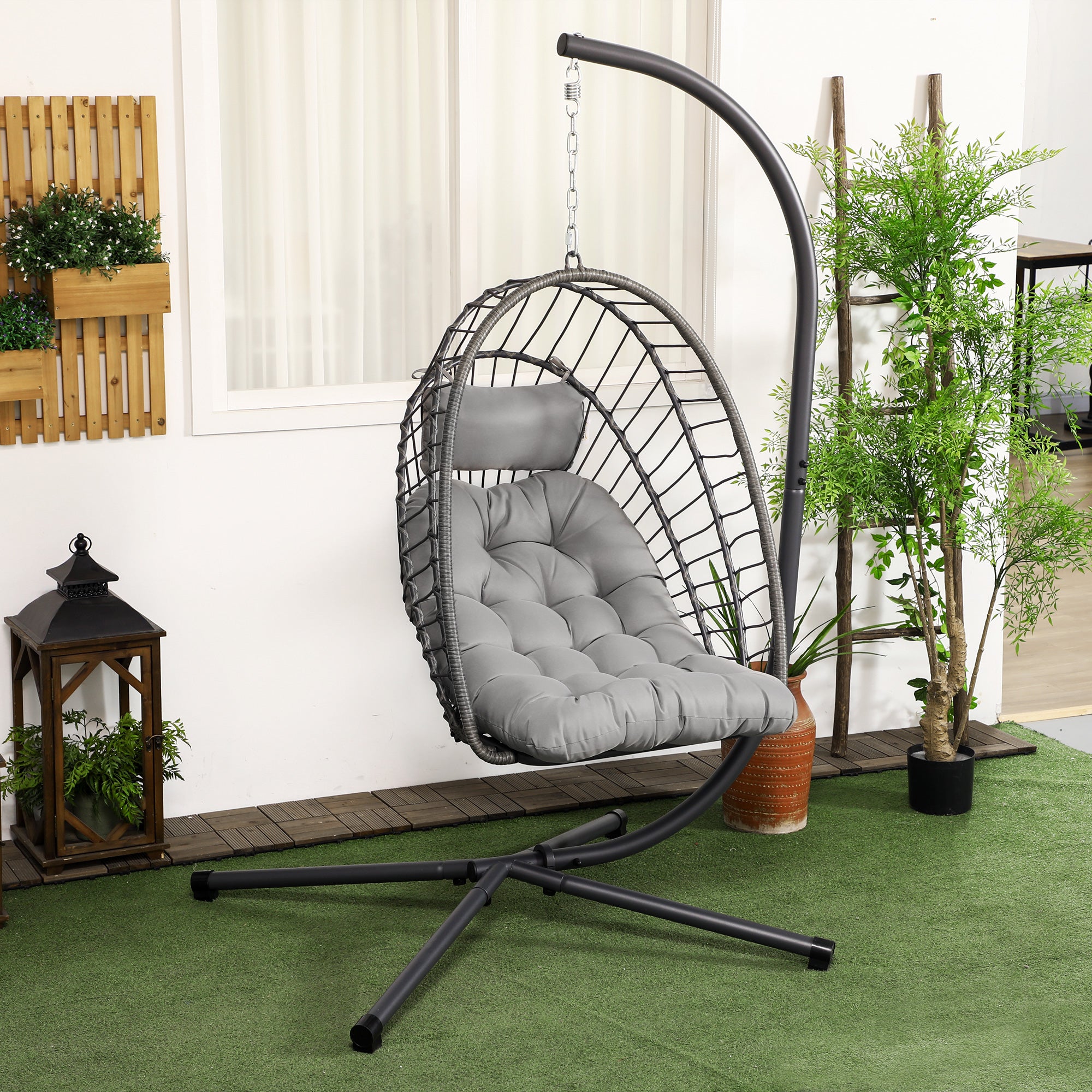 Outsunny Silla Colgante de Ratán Sillón Colgante Plegable con Cojín Reposacabezas y Marco de Acero Carga 100 kg para Interior y Exterior Gris Oscuro