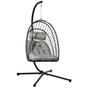 Outsunny Silla Colgante de Ratán Sillón Colgante Plegable con Cojín Reposacabezas y Marco de Acero Carga 100 kg para Interior y Exterior Gris Oscuro
