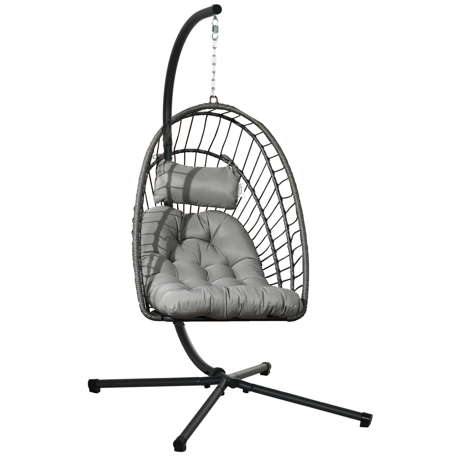 Outsunny Silla Colgante de Ratán Sillón Colgante Plegable con Cojín Reposacabezas y Marco de Acero Carga 100 kg para Interior y Exterior Gris Oscuro
