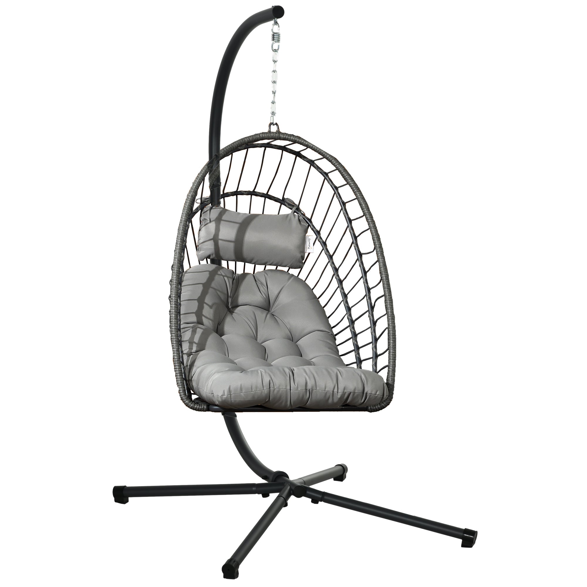 Outsunny Silla Colgante de Ratán Sillón Colgante Plegable con Cojín Reposacabezas y Marco de Acero Carga 100 kg para Interior y Exterior Gris Oscuro