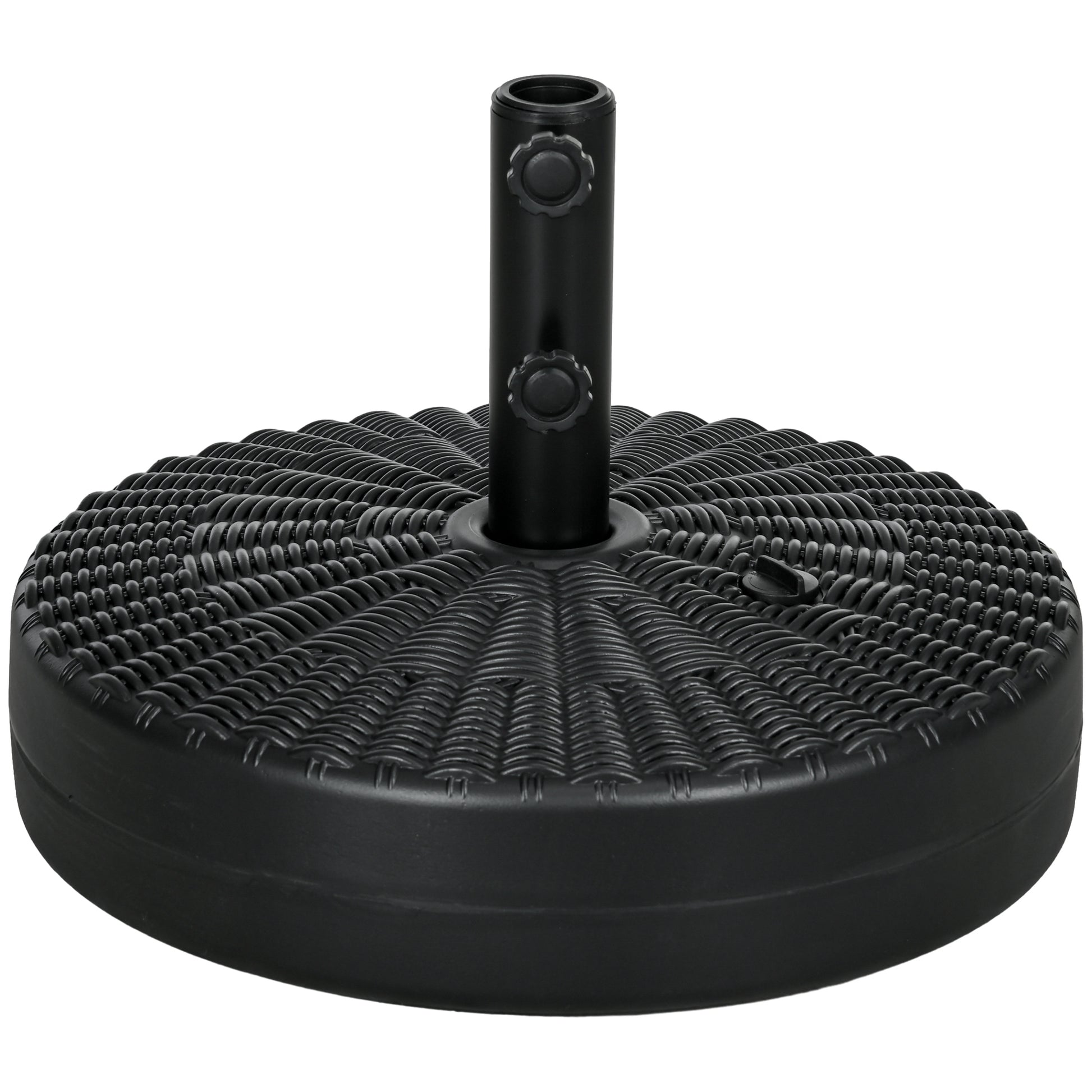 Outsunny Base de Sombrilla Redondo Soporte para Parasol Rellenable de Agua 22 kg y Arena 29 kg para Poste de Parasol de Ø38/48 mm Superficie de Imitación de Ratán Ø51x36 cm Negro