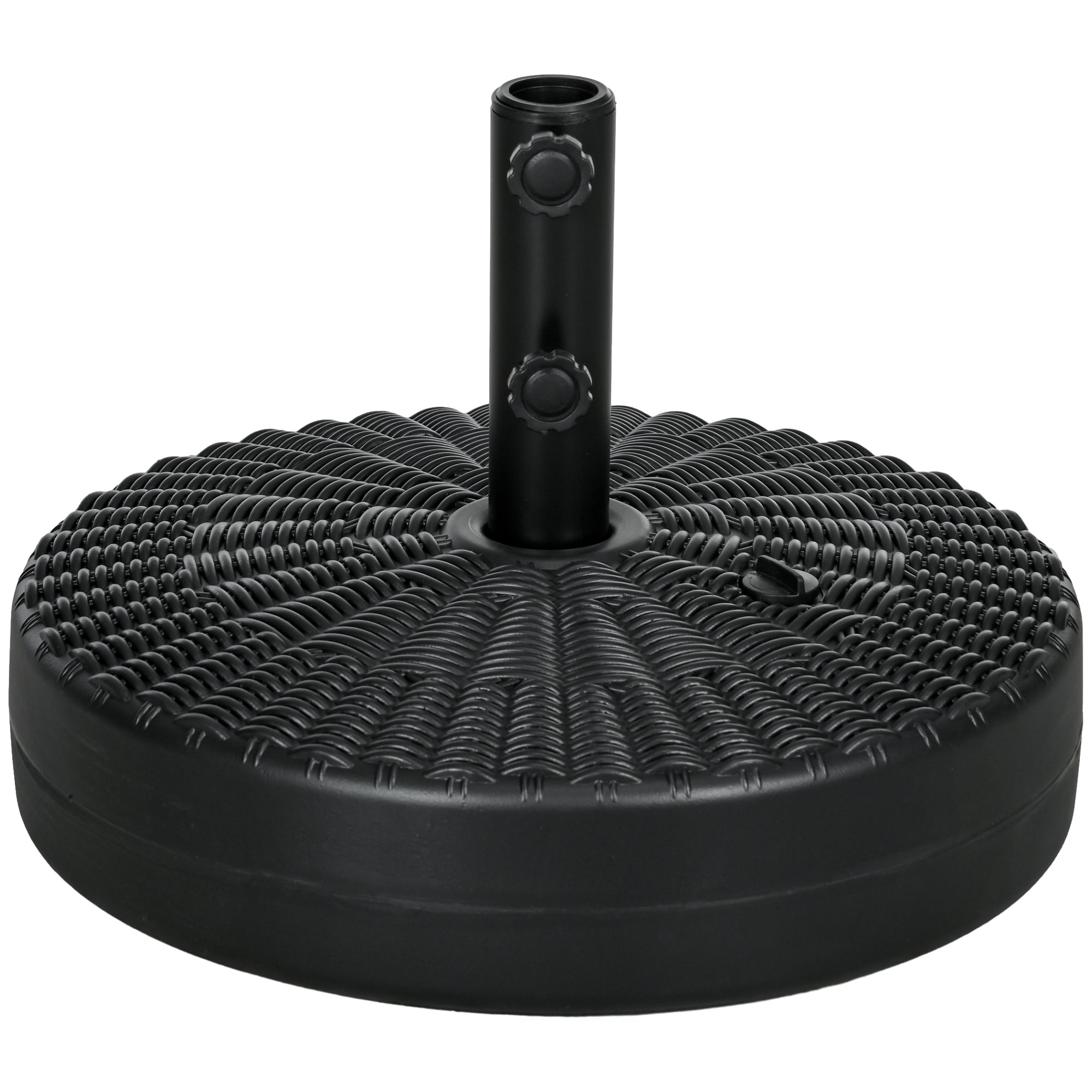 Outsunny Base de Sombrilla Redondo Soporte para Parasol Rellenable de Agua 22 kg y Arena 29 kg para Poste de Parasol de Ø38/48 mm Superficie de Imitación de Ratán Ø51x36 cm Negro