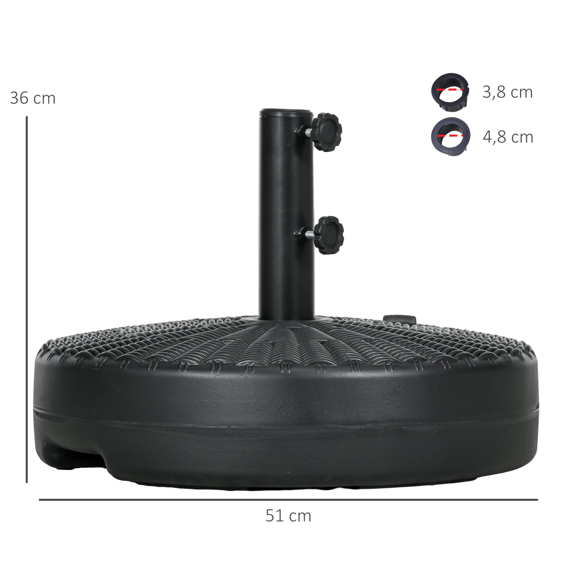 Outsunny Base de Sombrilla Redondo Soporte para Parasol Rellenable de Agua 22 kg y Arena 29 kg para Poste de Parasol de Ø38/48 mm Superficie de Imitación de Ratán Ø51x36 cm Negro