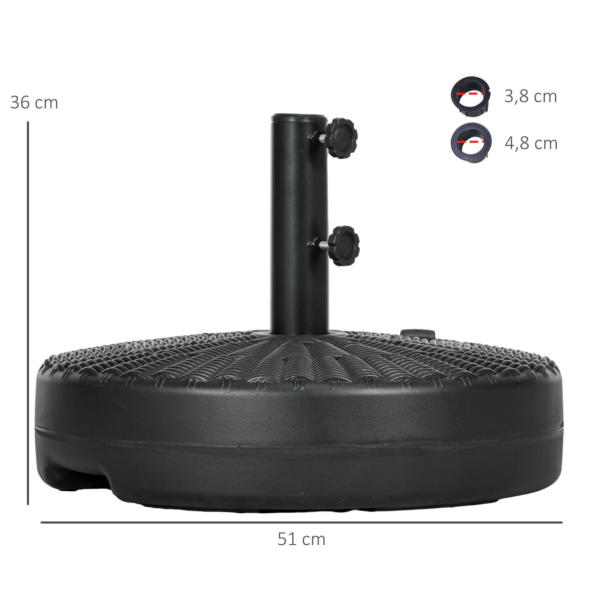 Outsunny Base de Sombrilla Redondo Soporte para Parasol Rellenable de Agua 22 kg y Arena 29 kg para Poste de Parasol de Ø38/48 mm Superficie de Imitación de Ratán Ø51x36 cm Negro