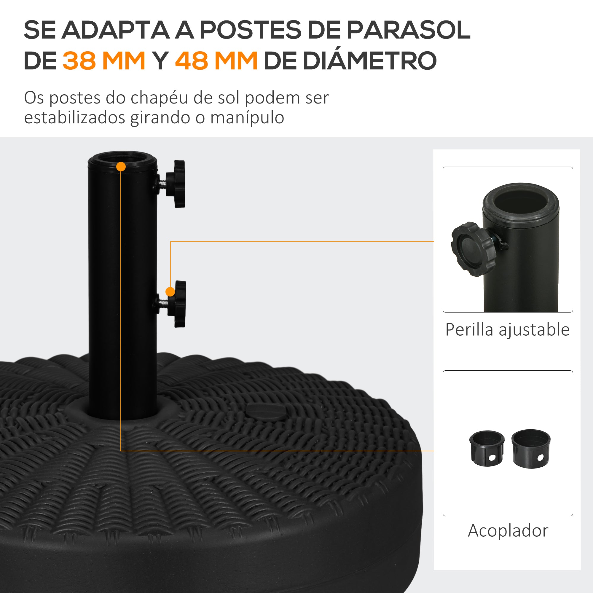Outsunny Base de Sombrilla Redondo Soporte para Parasol Rellenable de Agua 22 kg y Arena 29 kg para Poste de Parasol de Ø38/48 mm Superficie de Imitación de Ratán Ø51x36 cm Negro