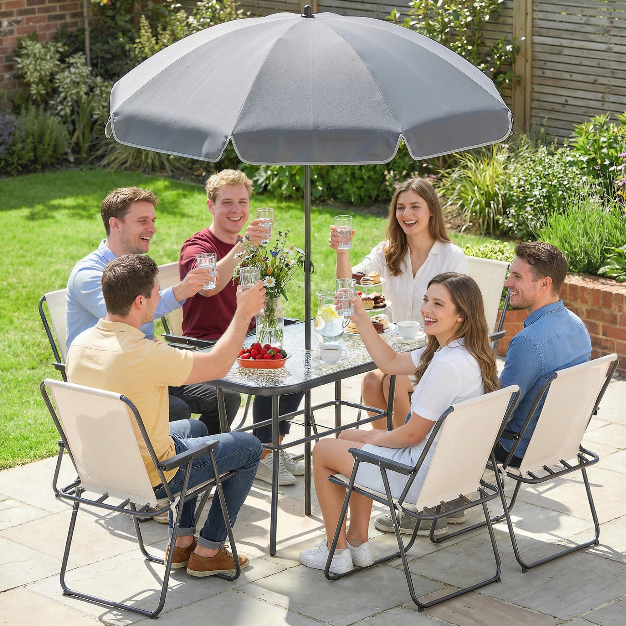 Outsunny Conjunto de Mesa y Sillas Jardín de 8 Piezas, Muebles de Jardín Exterior con Sombrilla, 6 Sillas Plegables, Mesa de Vidrio Templado, para Terraza, Patio, Crema