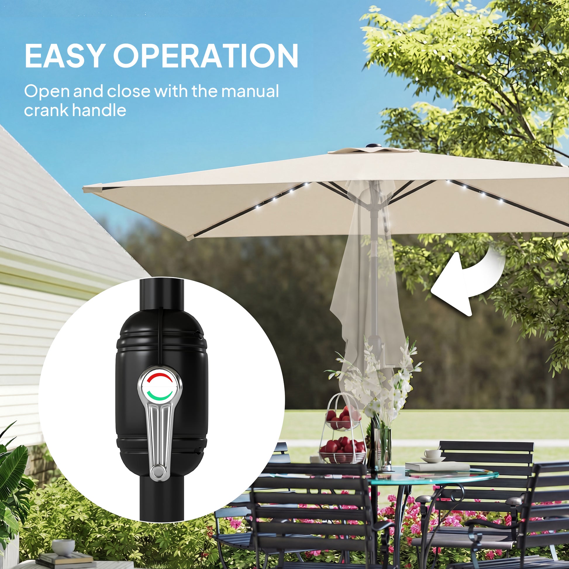 Outsunny Sombrilla Terraza Exterior, 2,9x2,5 m, Sombrilla de Jardín con 24 Luces LED Solares, Dosel Inclinable, Poste Metálico, Parasol para Patio, Terraza, Crema