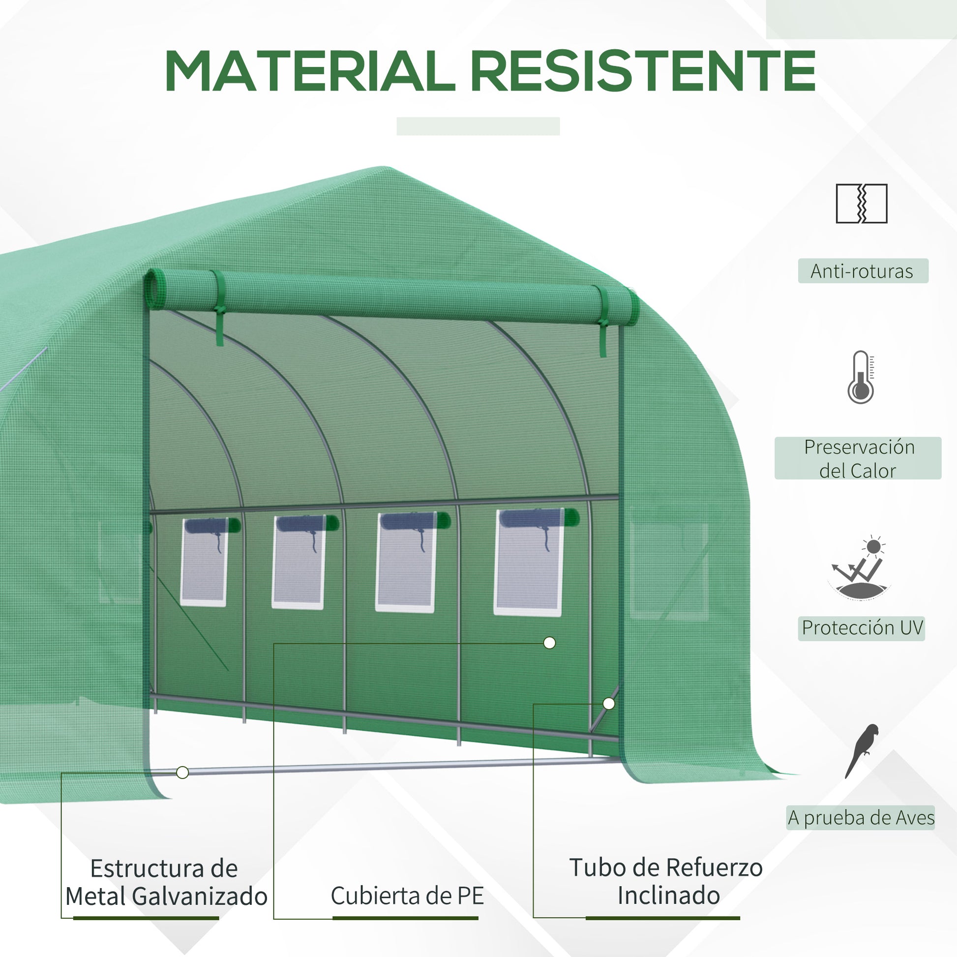 Outsunny Invernadero de Exterior Invernadero de Túnel 6x3x2 m Invernadero de Jardín Grande con 12 Ventanas y Puerta Enrollable con Cremallera Macro de Metal para Cultivo Plantas Verde