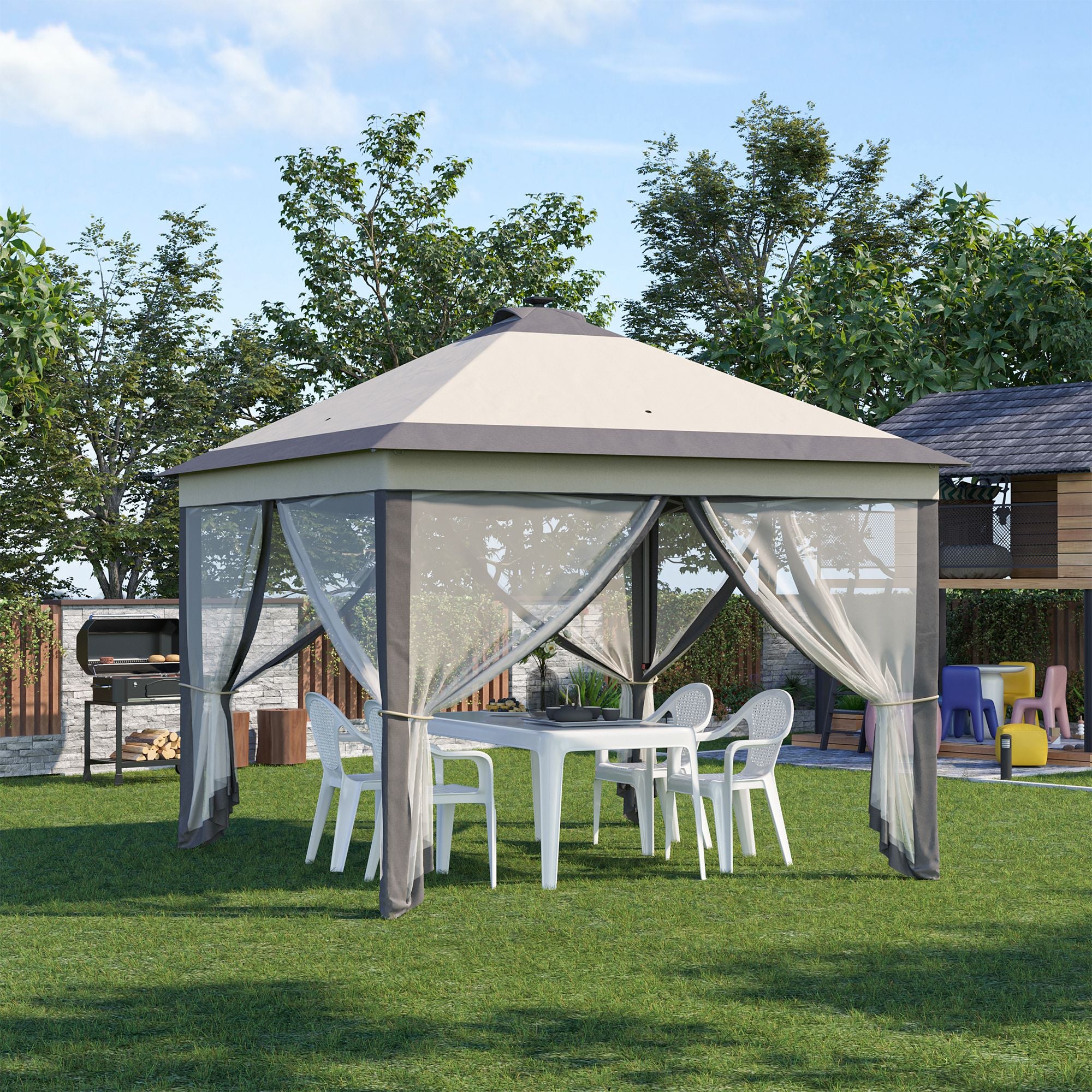 Outsunny Carpa Plegable con Luces LED 3,3x3,3 m Cenador de Jardín con Control Remoto 4 Paredes Laterales de Malla Altura Ajustable y Bolsa de Transporte para Patio Fiestas Beige