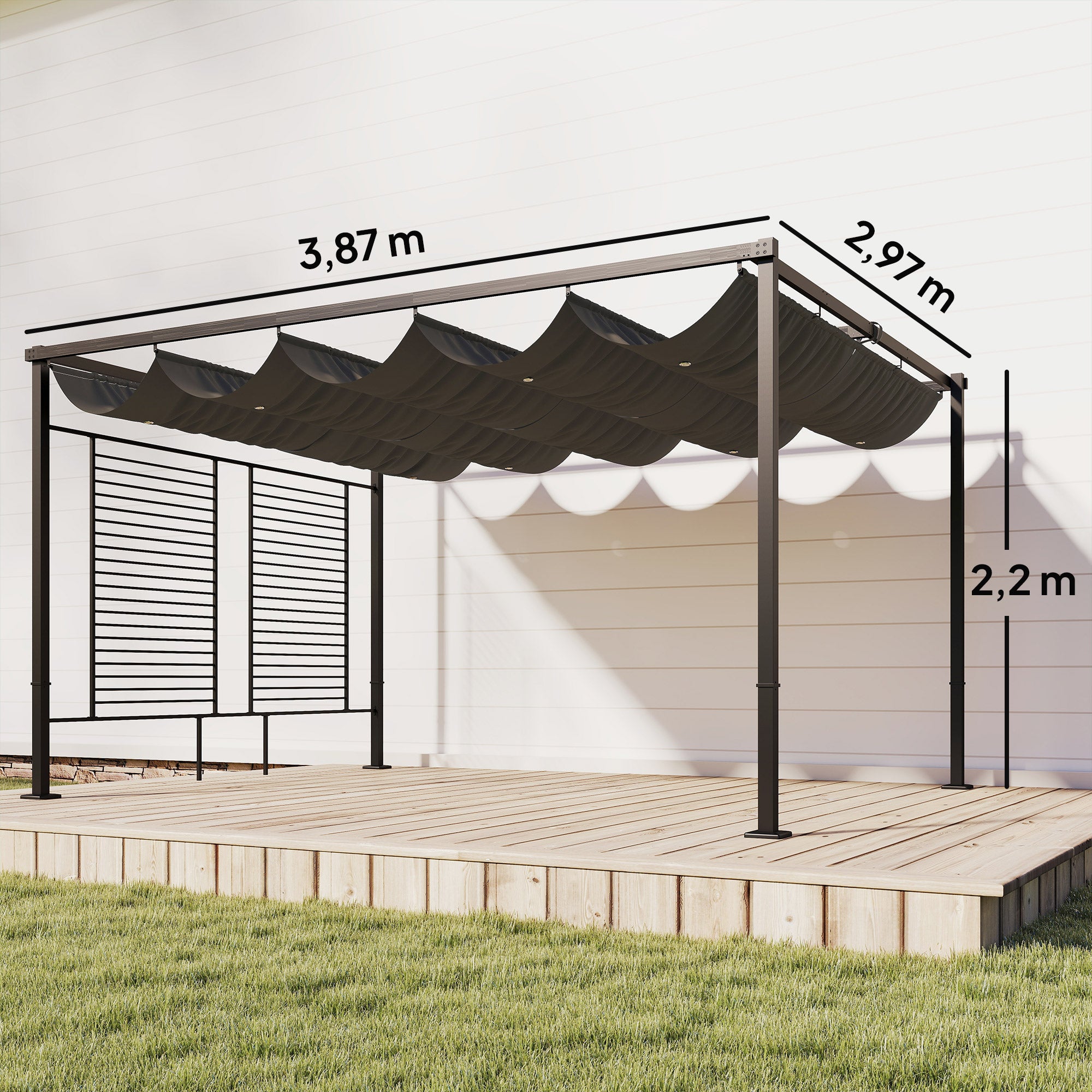 Outsunny Pérgola de Jardín 4x3 m con Techo Retráctil y 2 Paneles de Privacidad Fijos, Cenador de Jardín con Protección UPF50+, Drenaje, Estructura Metálica, Pabellón para Exterior, Gris Oscuro