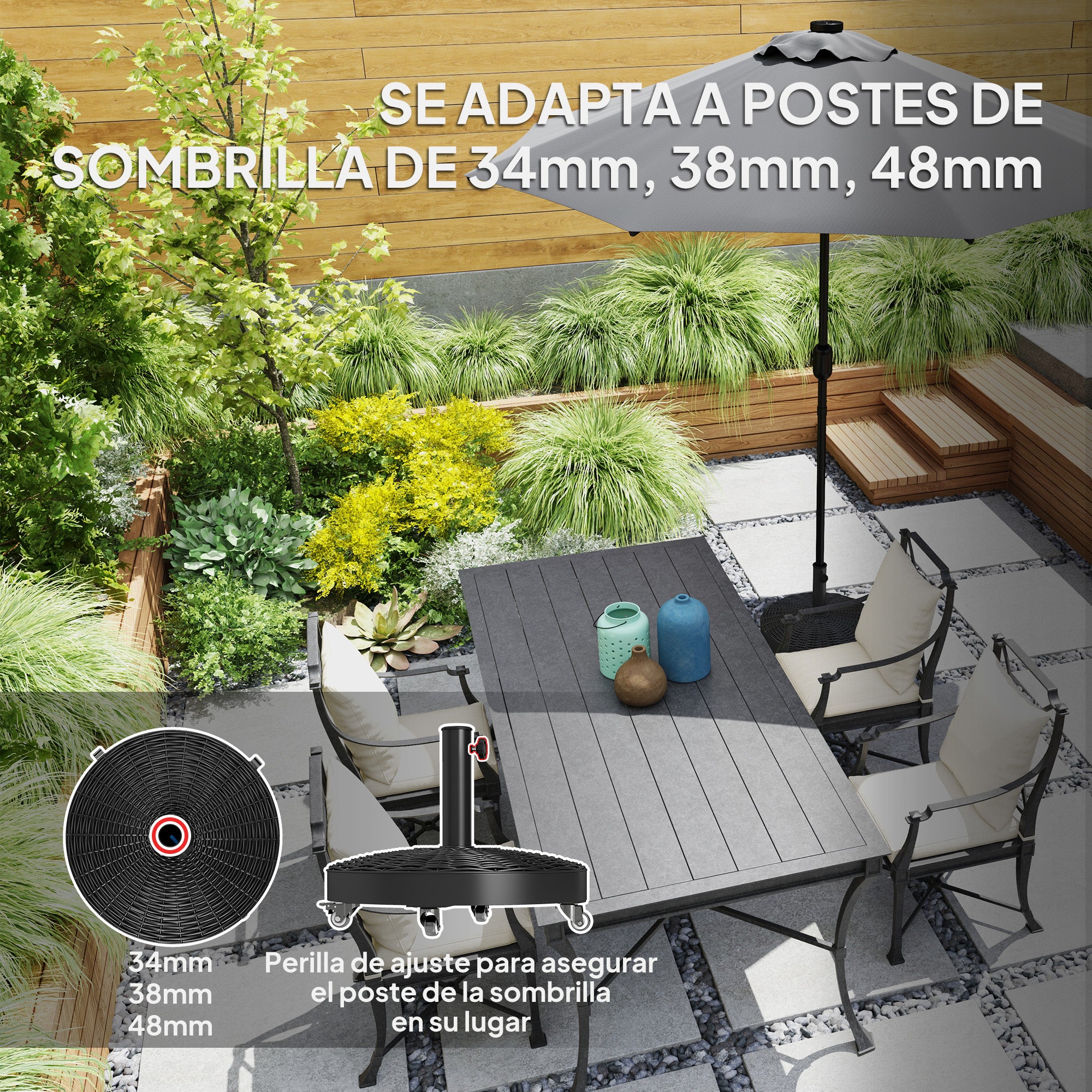 Outsunny Base para Sombrilla Redonda Soporte para Parasol con Ruedas Pie para Sombrilla con Relleno de Cemento Peso 25 kg para Jardín Terraza Negro