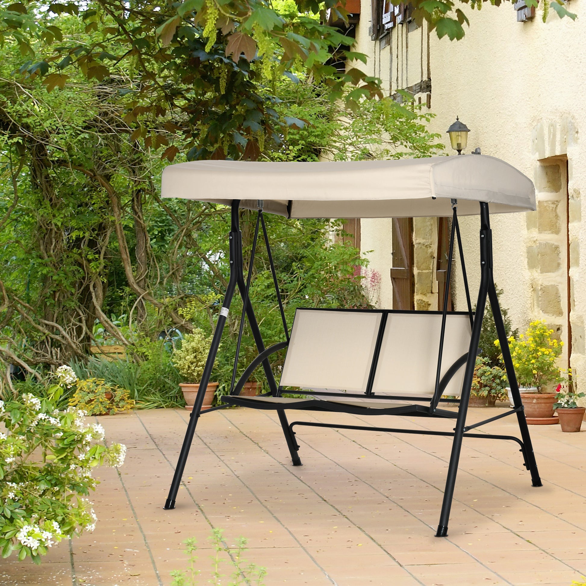 Outsunny Columpio de Jardín Exterior de 2 Plazas, Balancín de Jardín Exterior con Techo Ajustable y Marco de Acero, Asientos de Textilene, para Balcón, Terraza, Carga 220 kg, 140x118x162 cm, Beige
